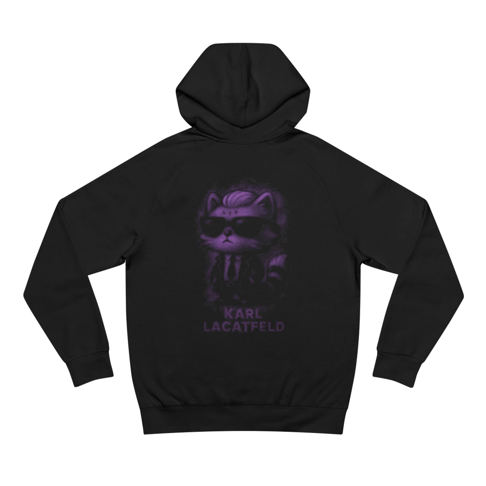 Back view of Karl Lacatfeld black hoodie with purple glow cat design, cat gifts for mum
