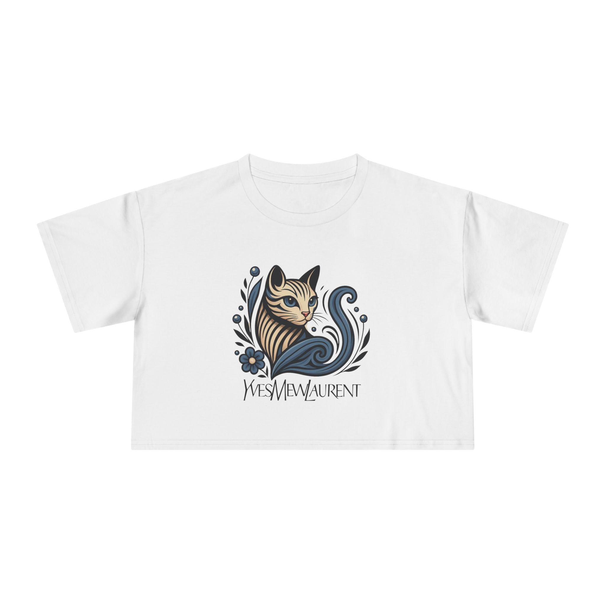 Yves Mew Laurent Floral Cat Art Women’s Crop Top, white crop top with cat graphic