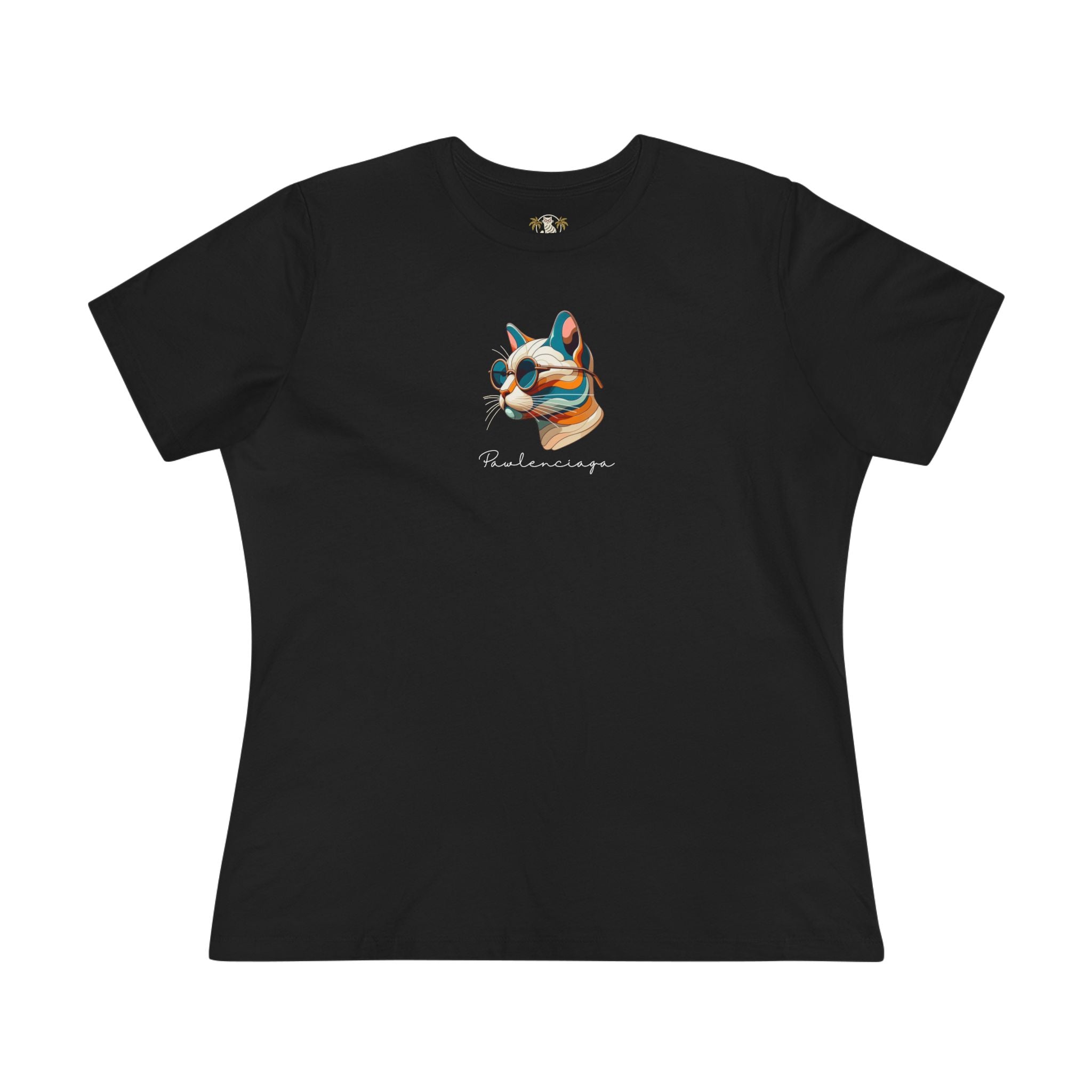 Pawlenciaga Chest Cat Graphic Icon Women's T-Shirt, black front view, cat shirts for women