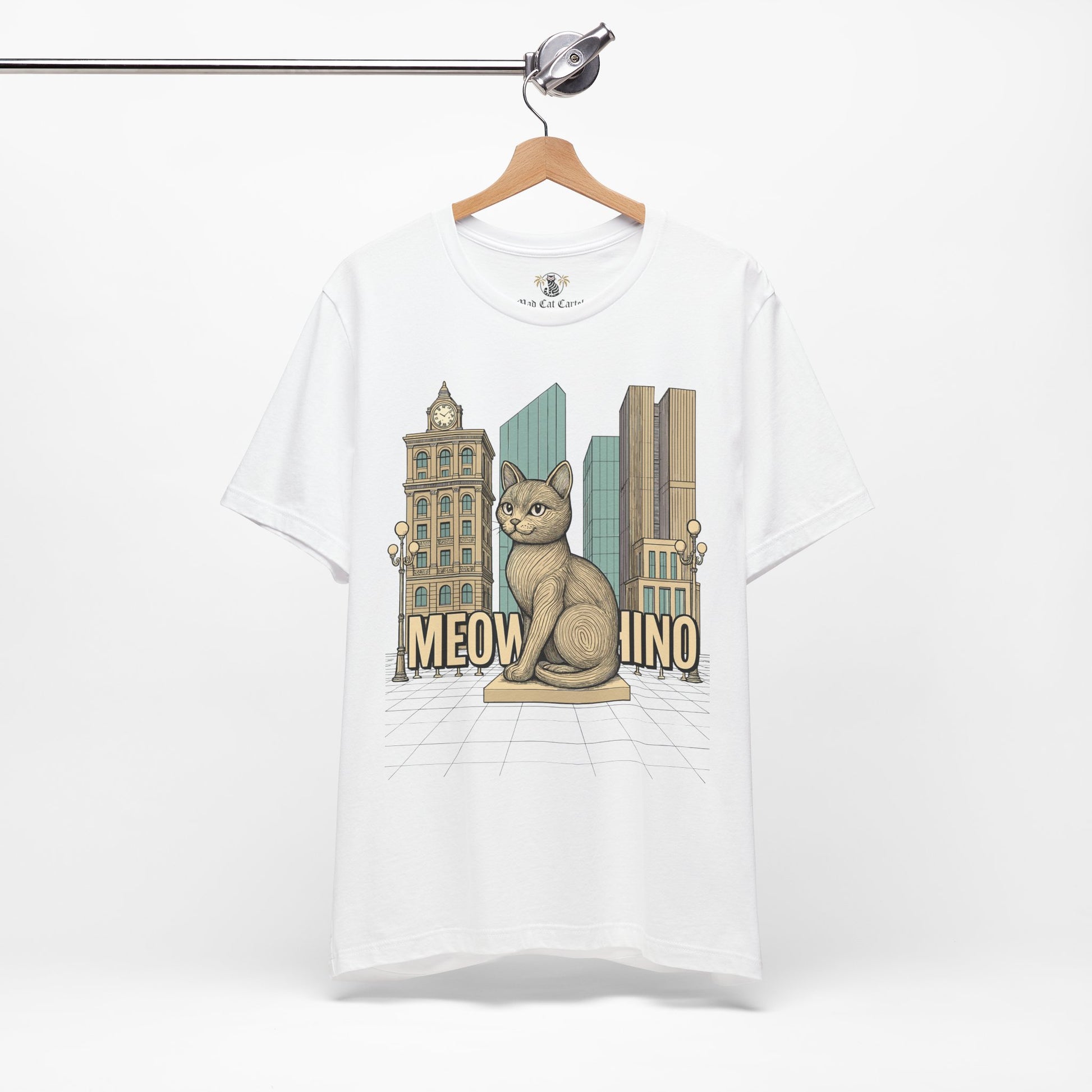 Cat themed shirts – white unisex tee on hanger, front view, Meowschino city cat statue print
