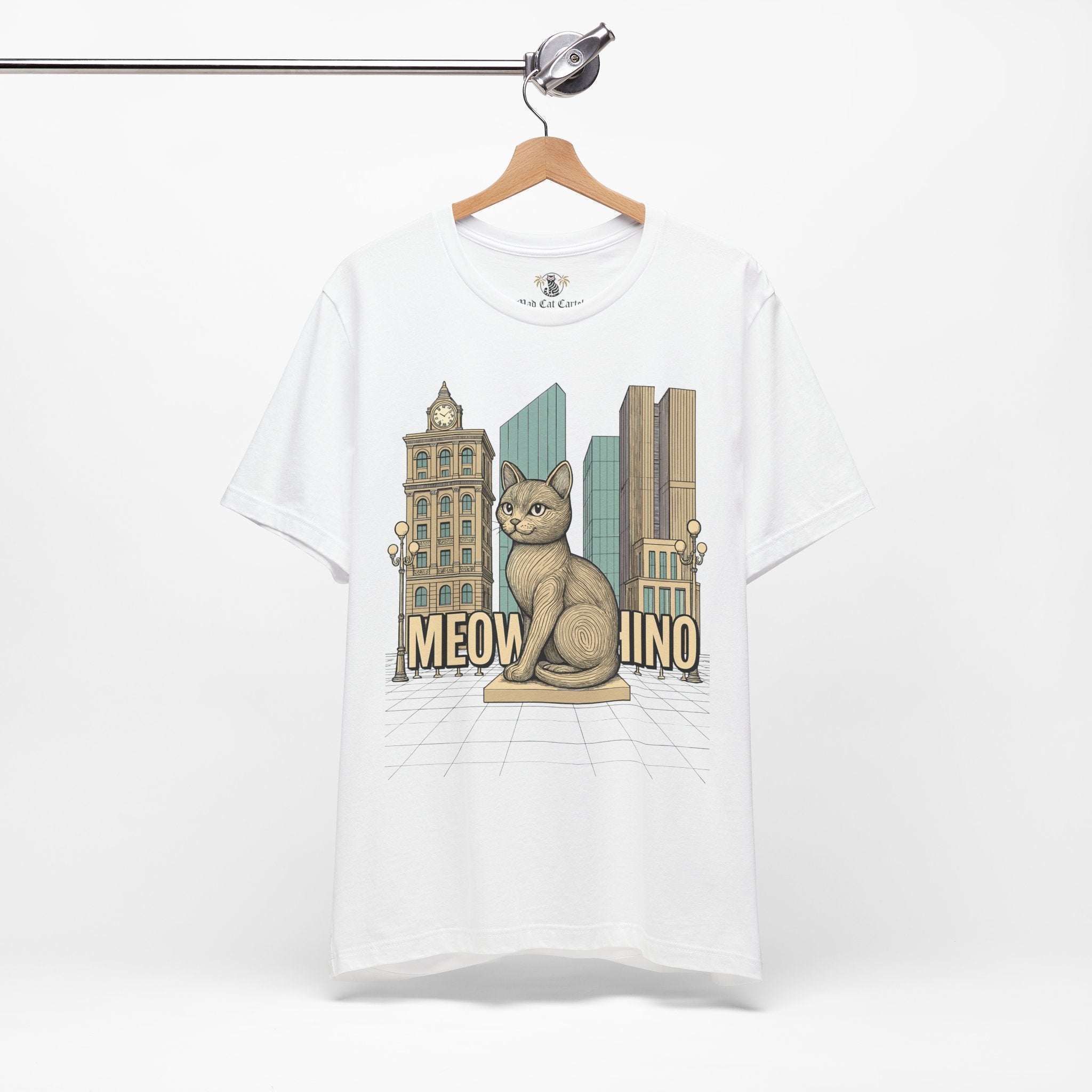 Cat themed shirts – white unisex tee on hanger, front view, Meowschino city cat statue print