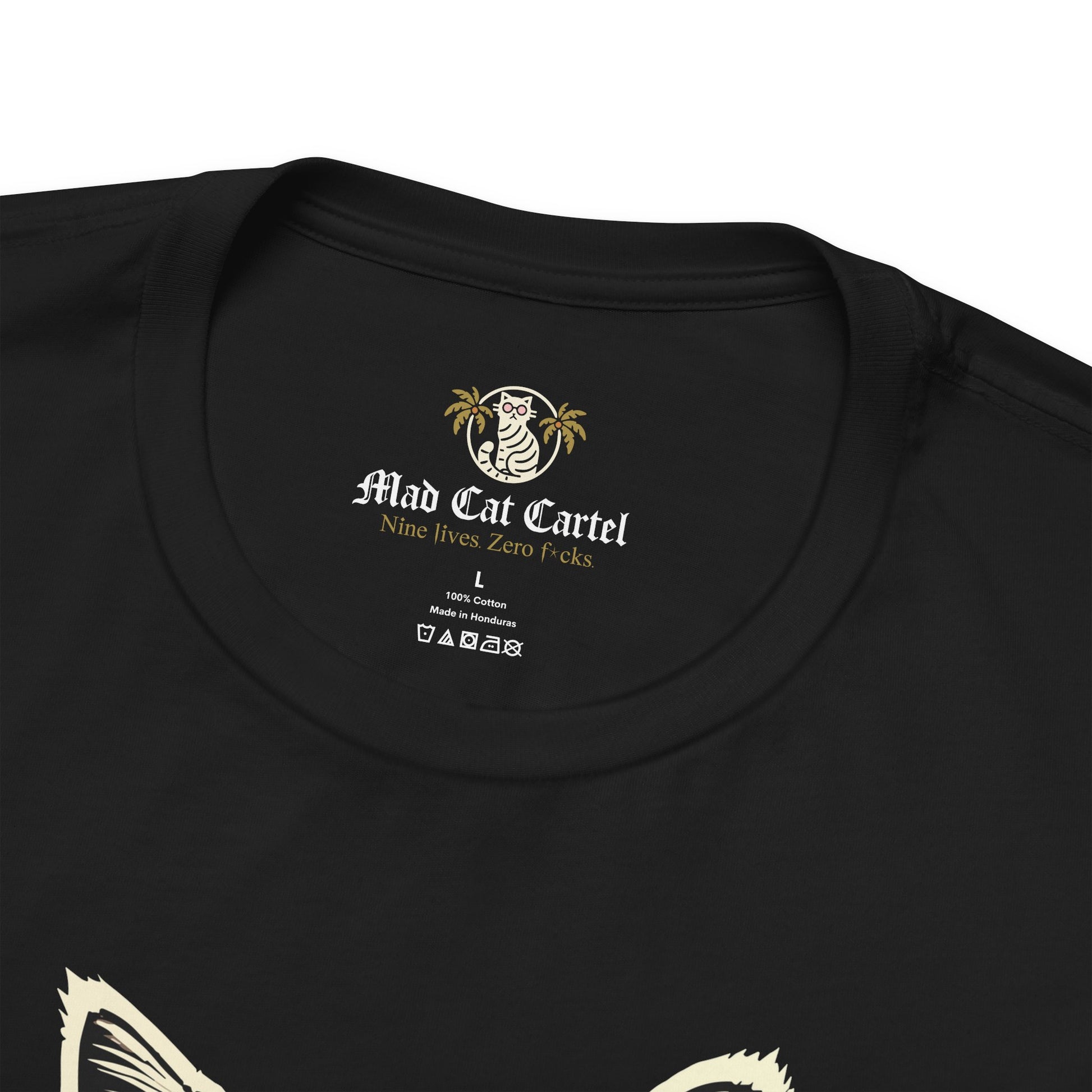 purrberry the plaid cat back logo black t shirt neckline close up cat themed clothing