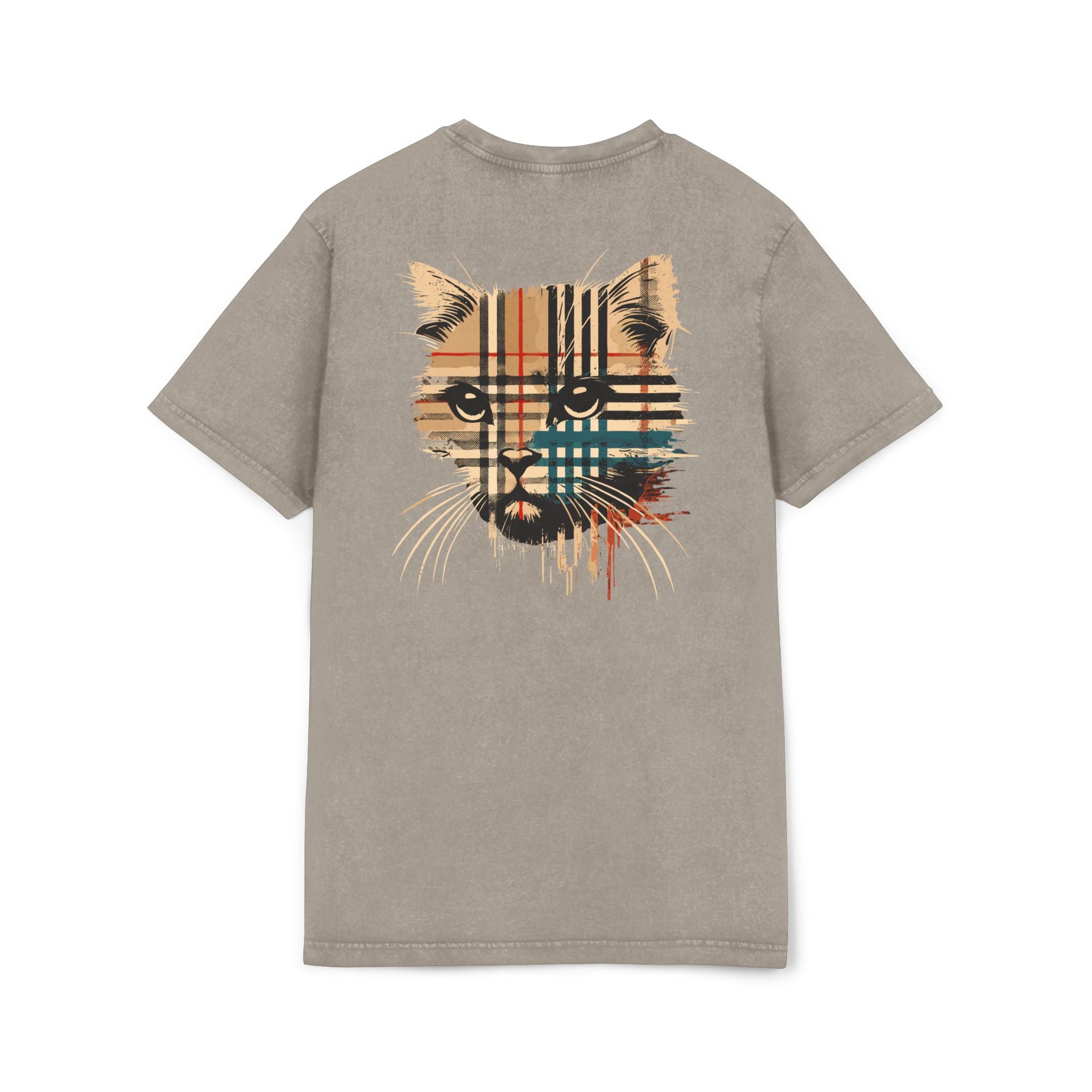 Back view of Purrberry London Spray Crest Dark Khaki Cat Graphic T Shirt, cat lover t shirts