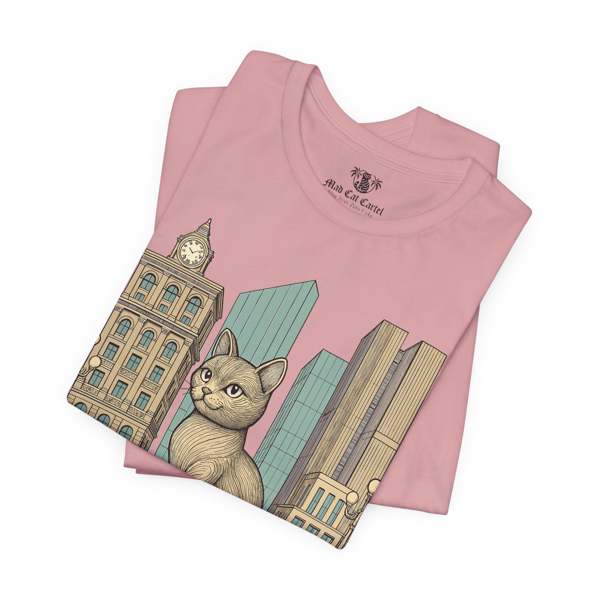 Mens cat shirts – orchid unisex tee folded, Meowschino city cat statue print