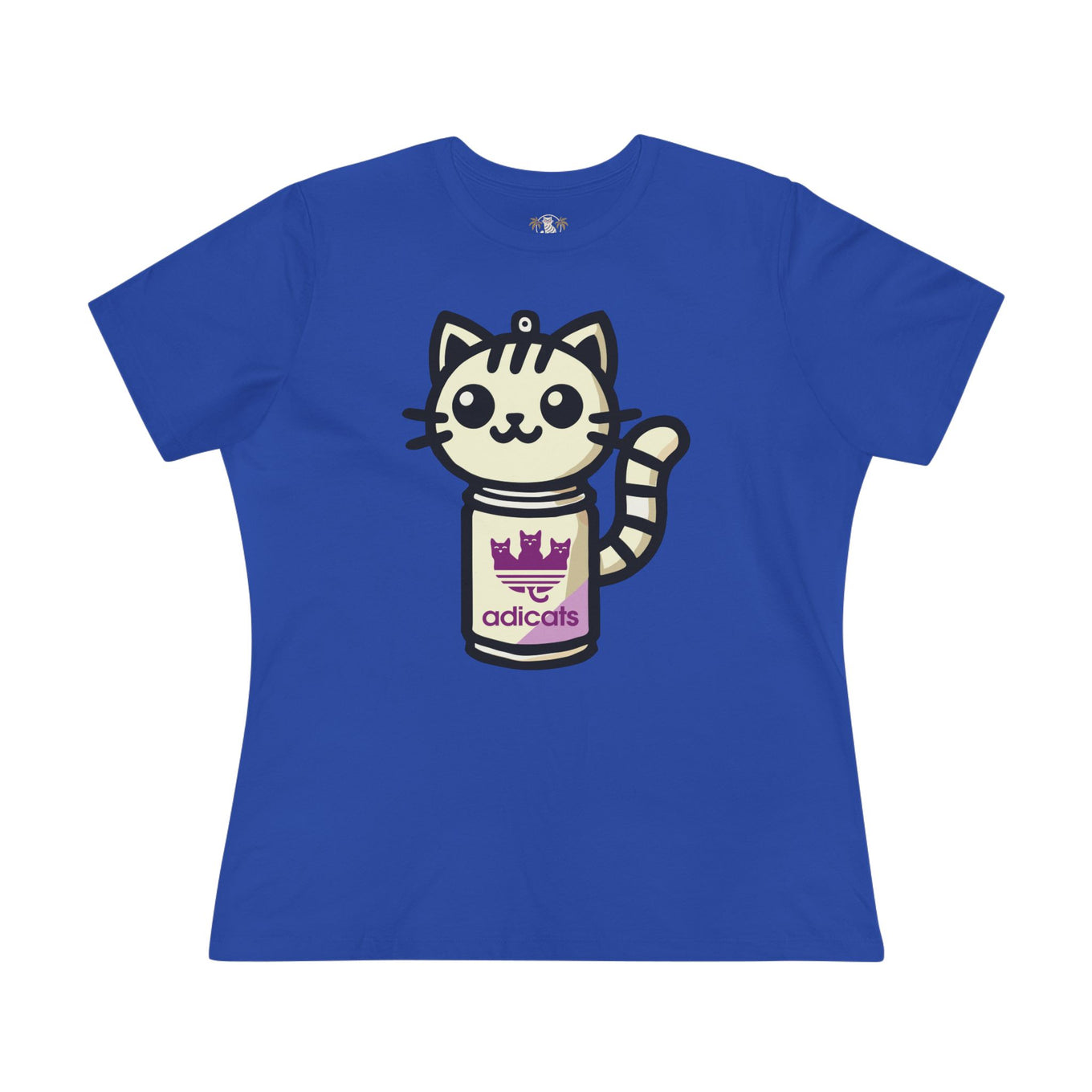 Adicats Spray Kitty Graphic funny T Shirt for women Royal Blue flat lay front