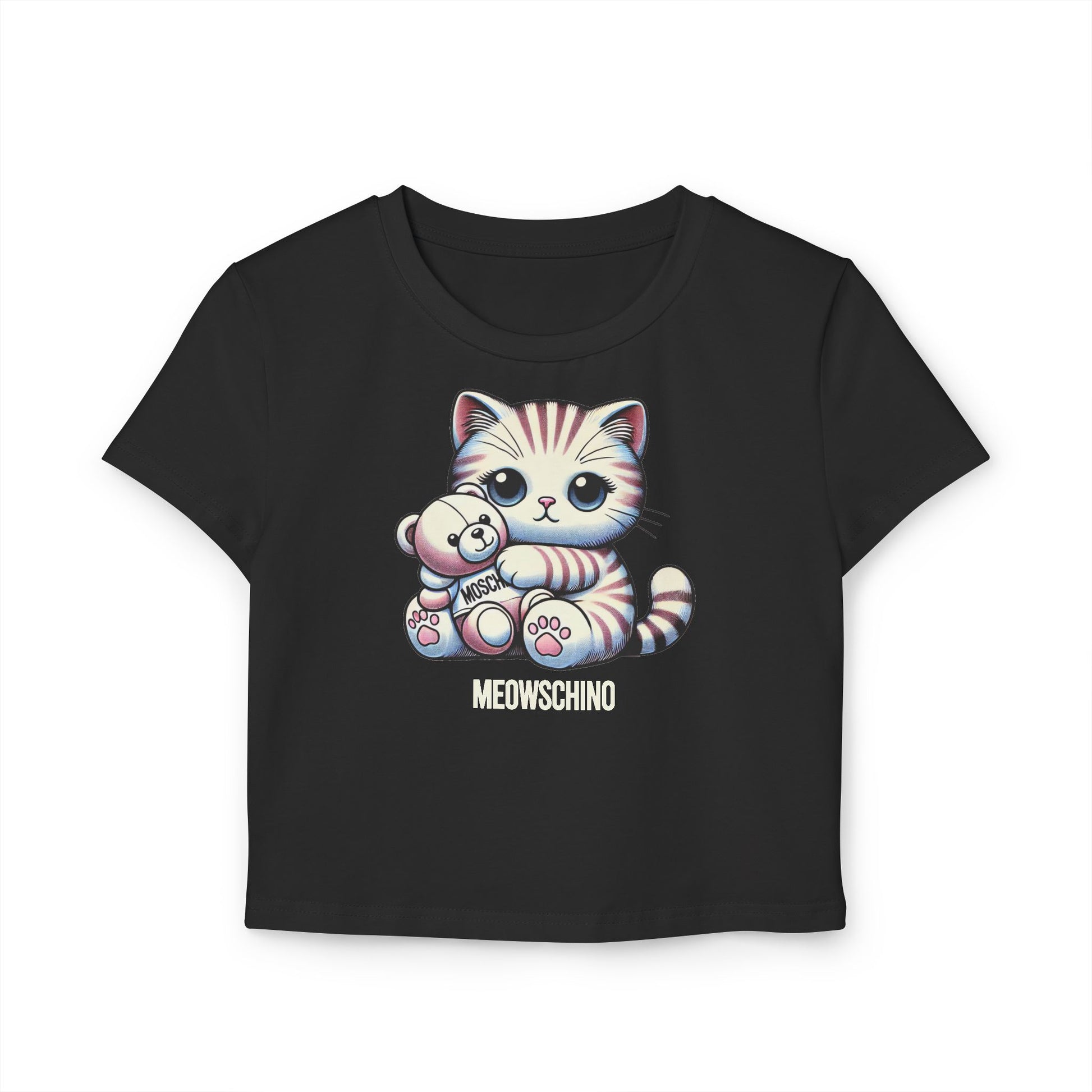 Black baby tee front view with cat graphic print