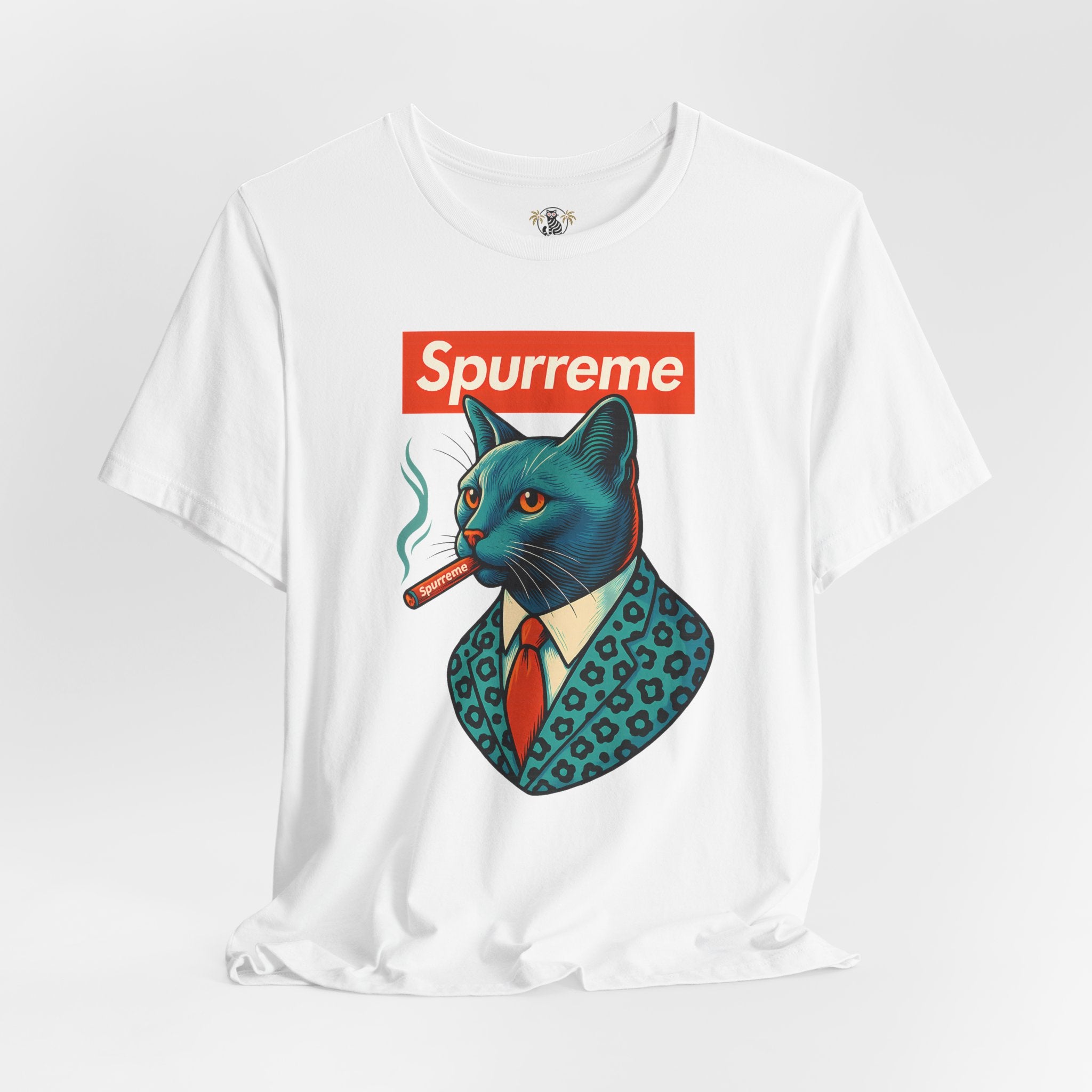 White Spurreme Ambassador Cat Graphic t shirt flat lay