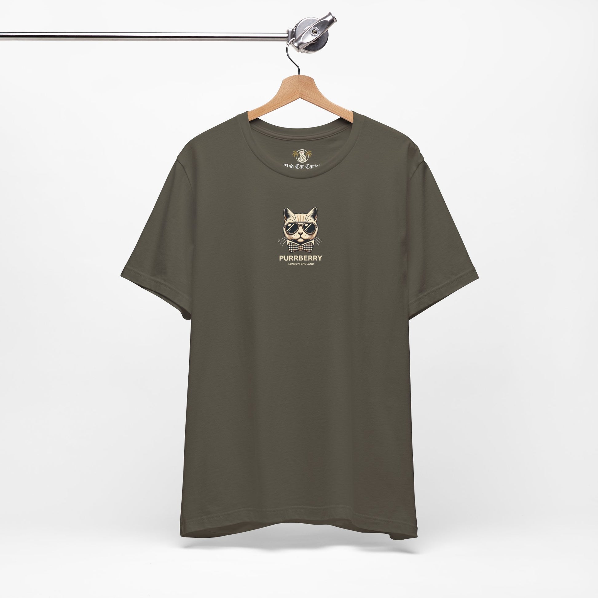 hanging purrberry london mini crest cat graphic t shirt army green cat themed apparel