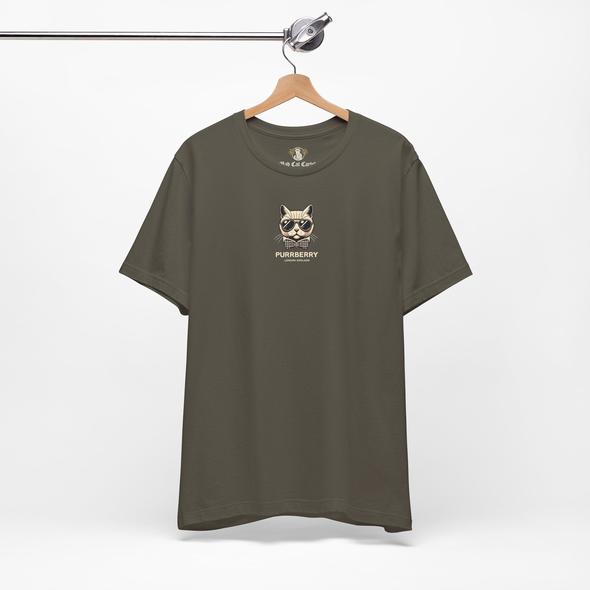 hanging purrberry london mini crest cat graphic t shirt army green cat themed apparel