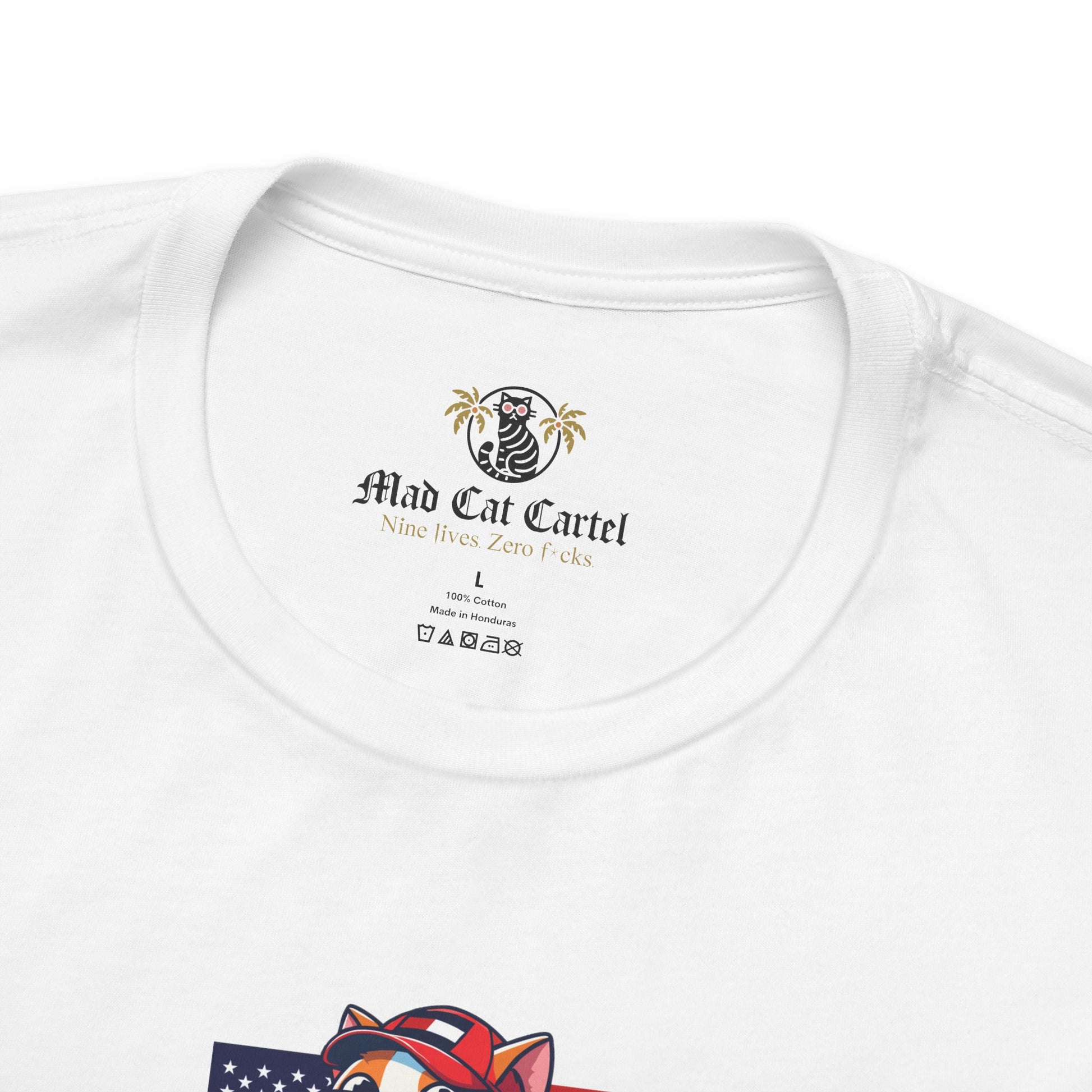 collar detail White Tommy Hilficat Cat Graphic T Shirt, cat lover t shirts