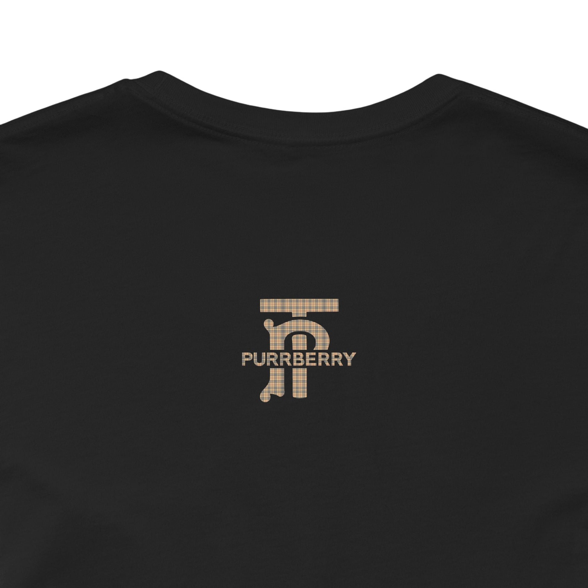 purrberry the plaid cat back logo black t-shirt back logo close up cool cat shirt