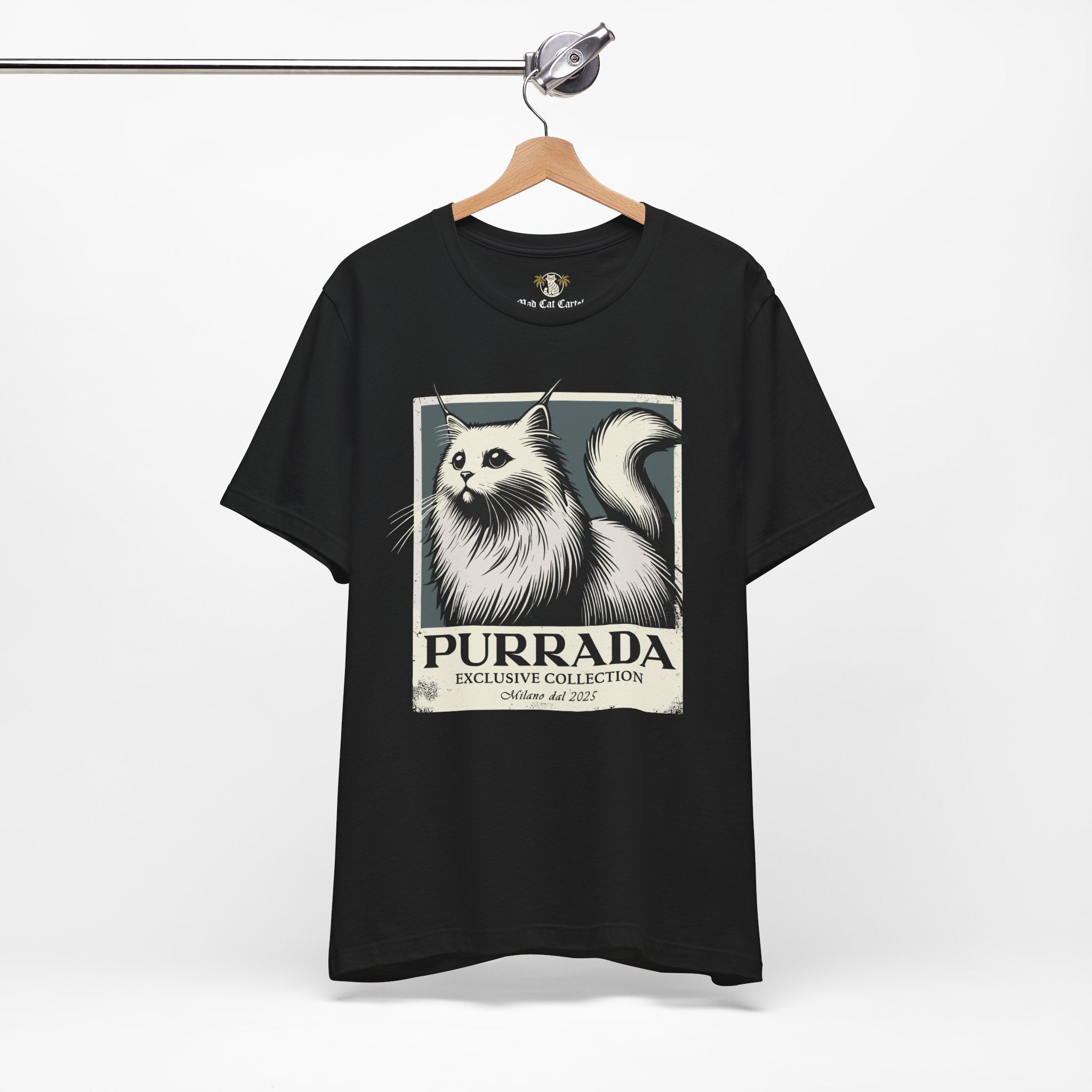 Black Purrada Exclusive Milano Cat Graphic T Shirt on hanger, parody shirts unisex
