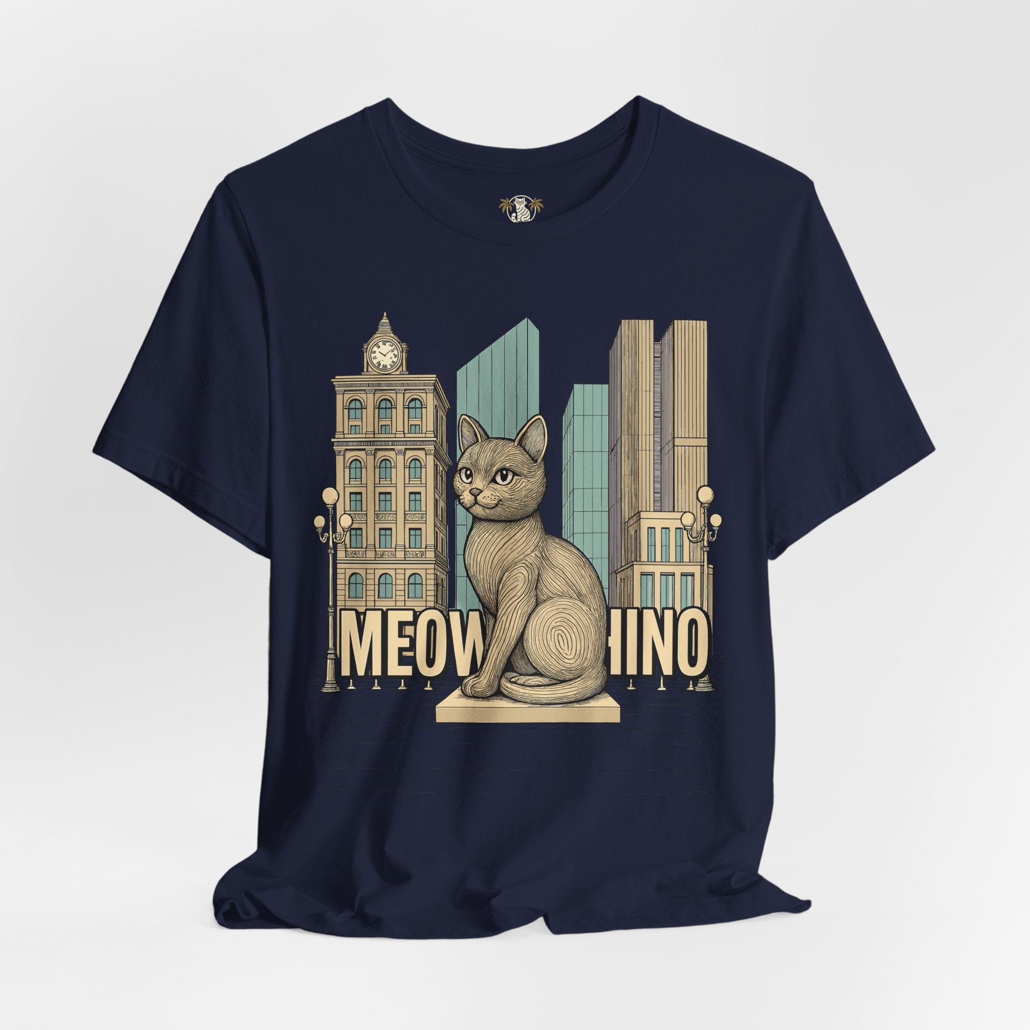 Cat themed shirts – navy blue unisex tee, front view, Meowschino city cat statue print