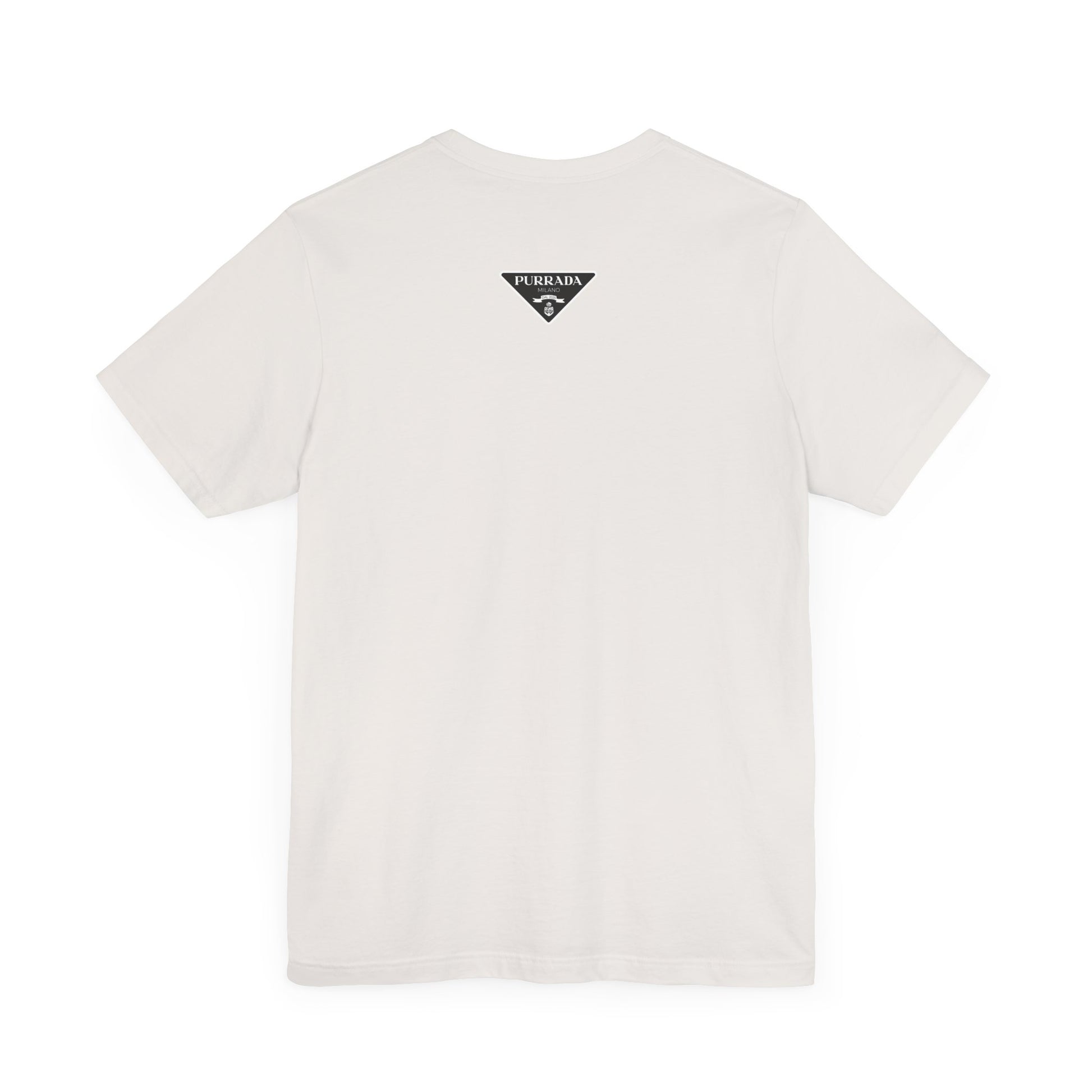 Back view of white Purrada Exclusive Milano Cat Graphic T Shirt, parody shirts unisex