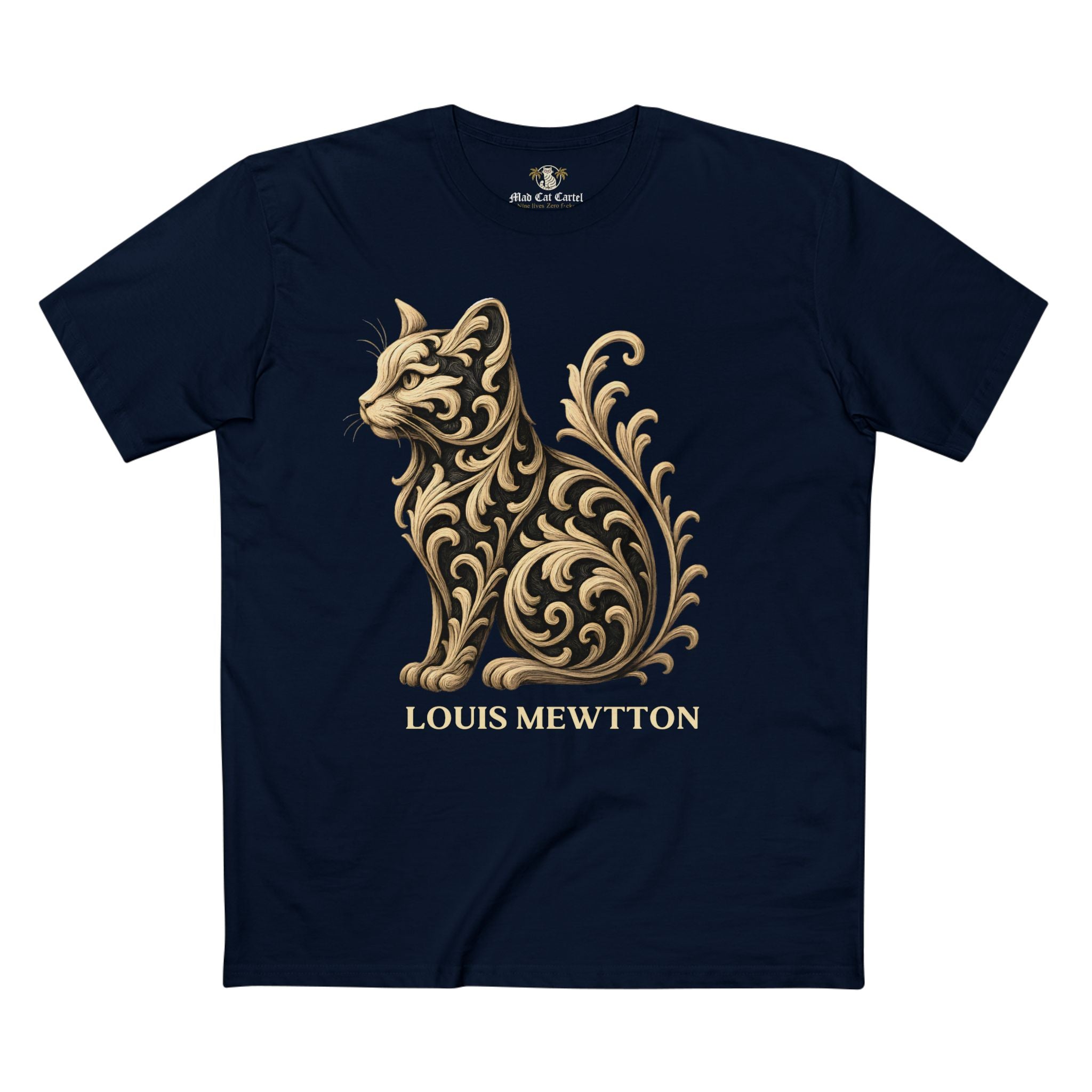Louis Mewtton Prestige Cat Men's Graphic T Shirt navy flat front with ornate gold cat design