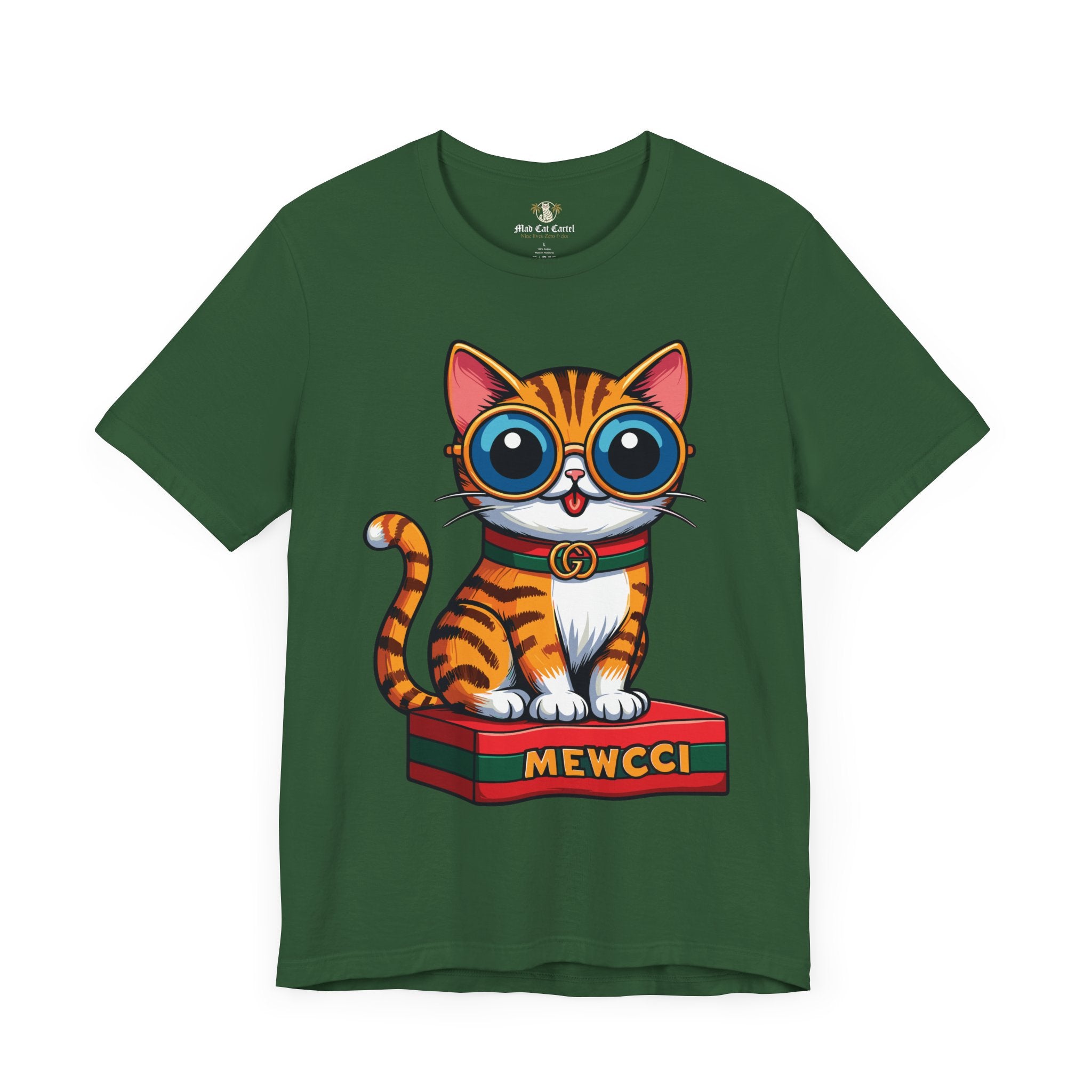 Cat themed shirts – Evergreen Mewcci Iconic Box Cat Graphic T-Shirt, front view