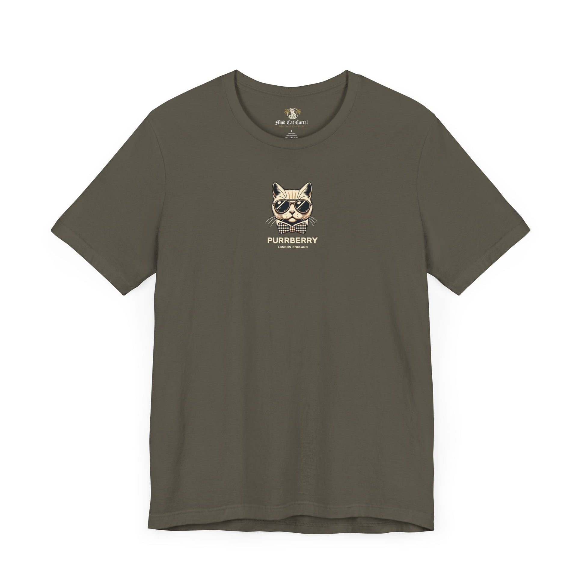 purrberry london mini crest cat graphic t shirt army green front view cat lover shirts