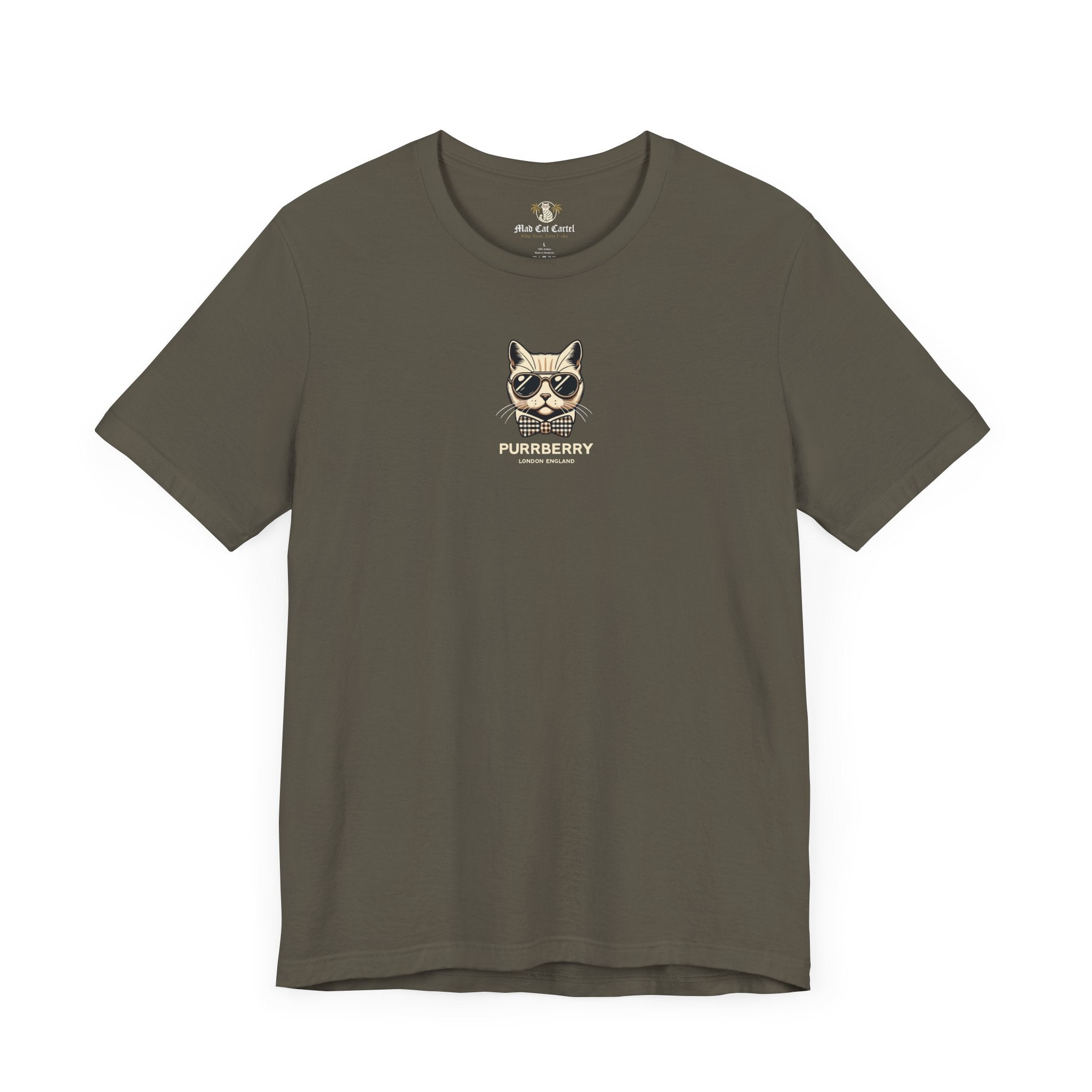 purrberry london mini crest cat graphic t shirt army green front view cat lover shirts