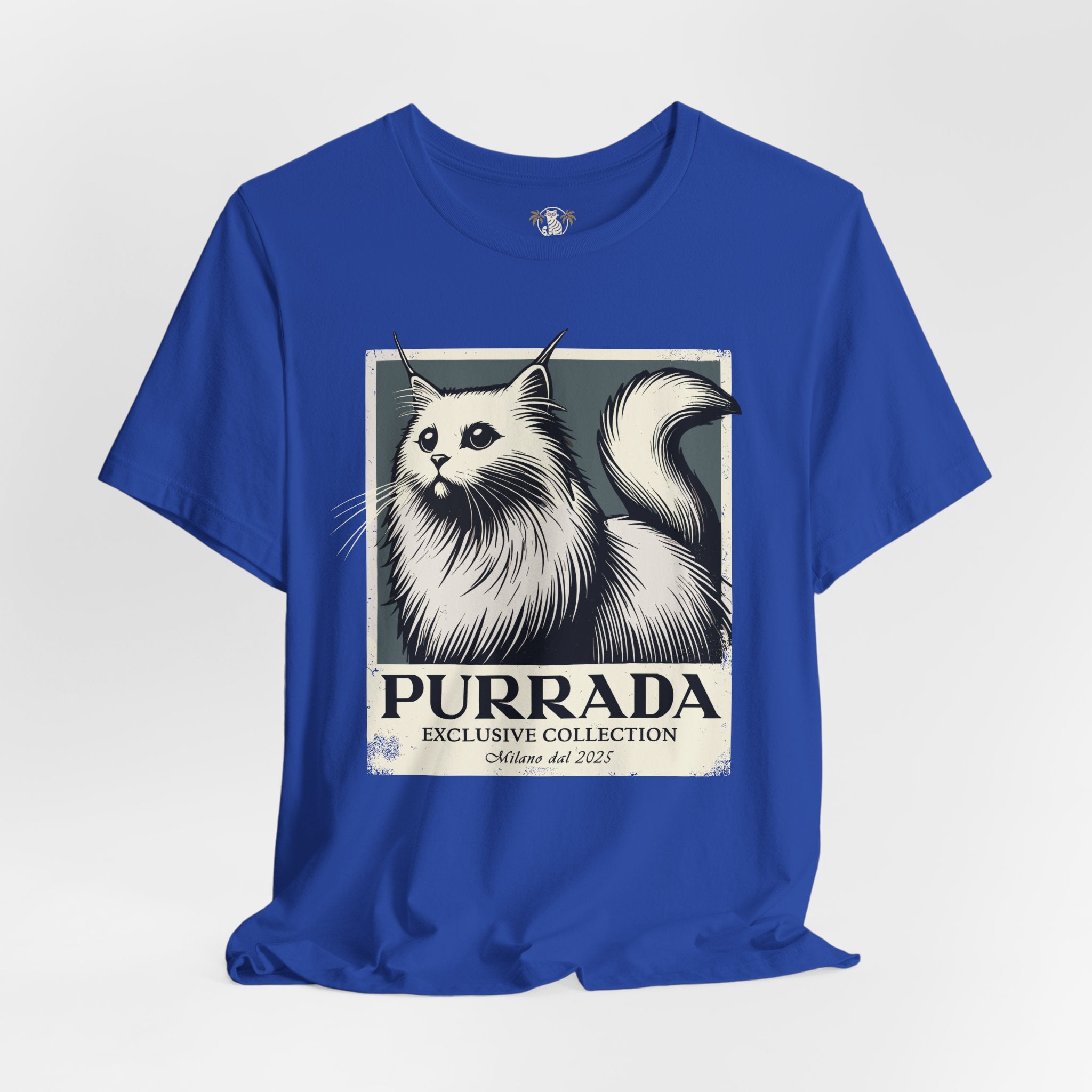 True royal blue Purrada Exclusive Milano Cat Graphic T Shirt flat lay, cat graphic shirt