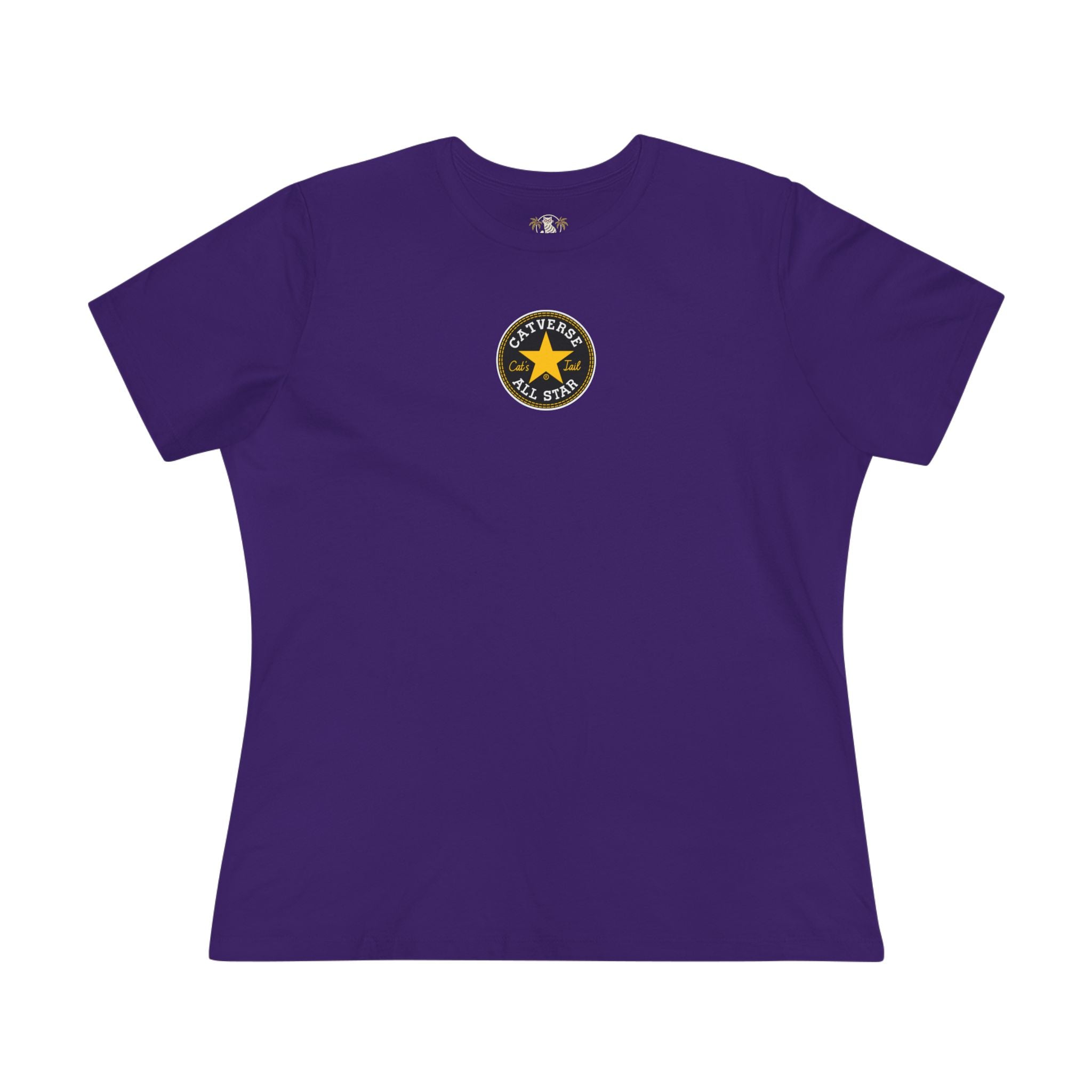 Catverse Chest Logo Street Star Shades Graphic Women’s T-Shirt in team purple, front view womens cat tee