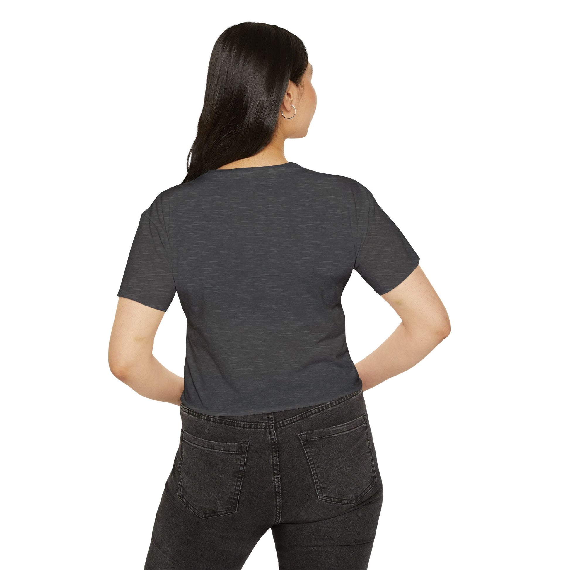Women's charcoal black crop top model back view