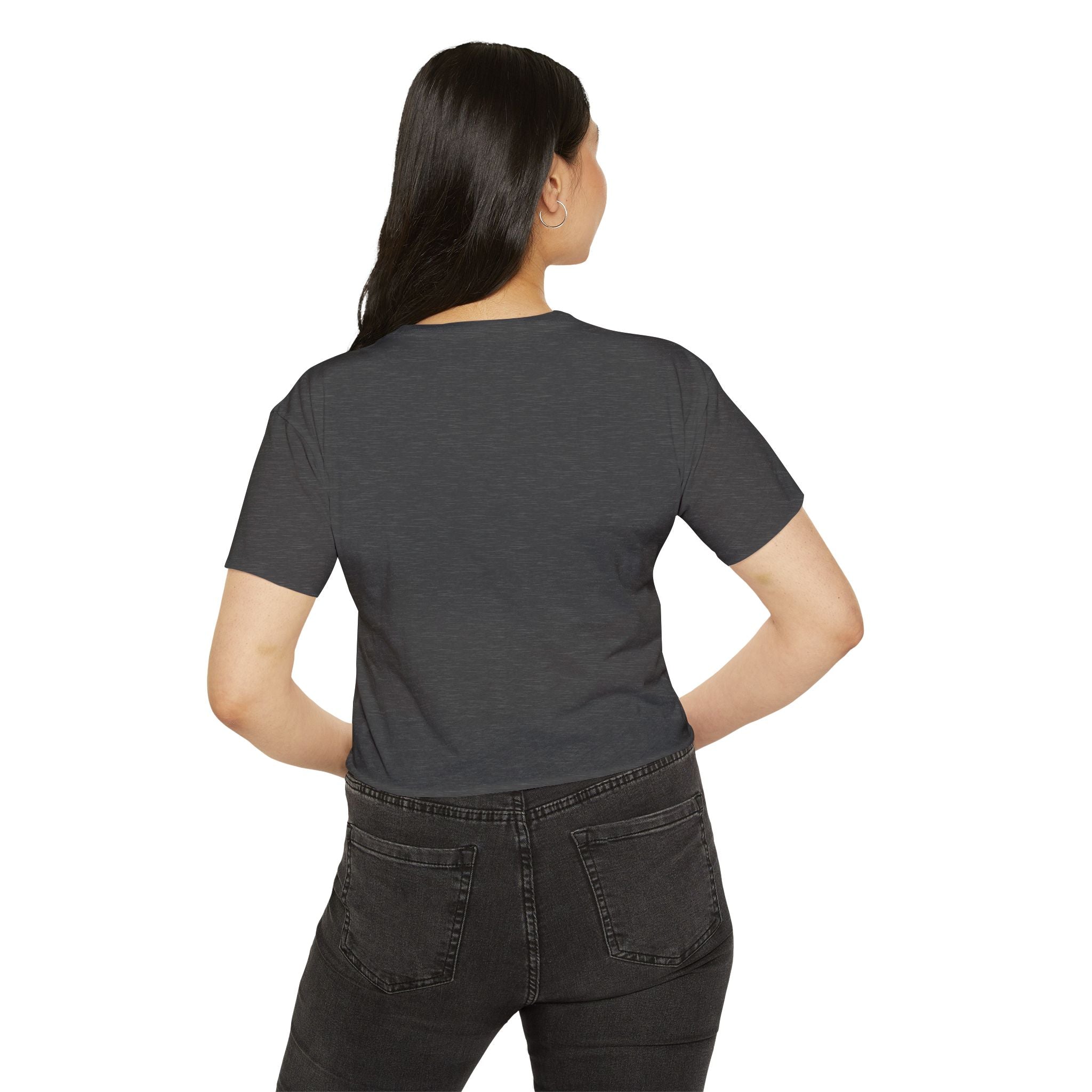 Women's charcoal black crop top model back view
