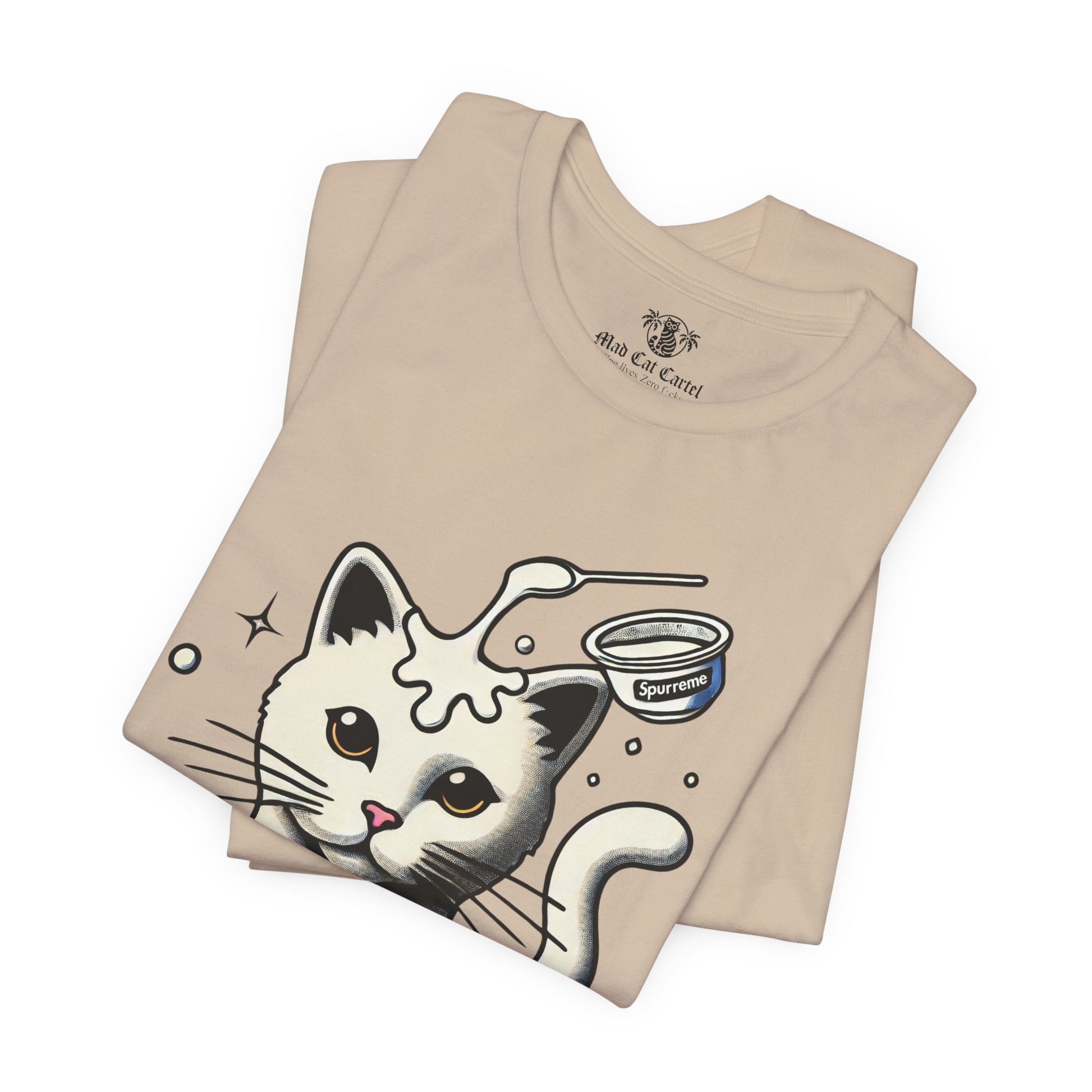 Folded Tan Spurreme Milky Mischief Cat Graphic t shirts – tee shirts with cats