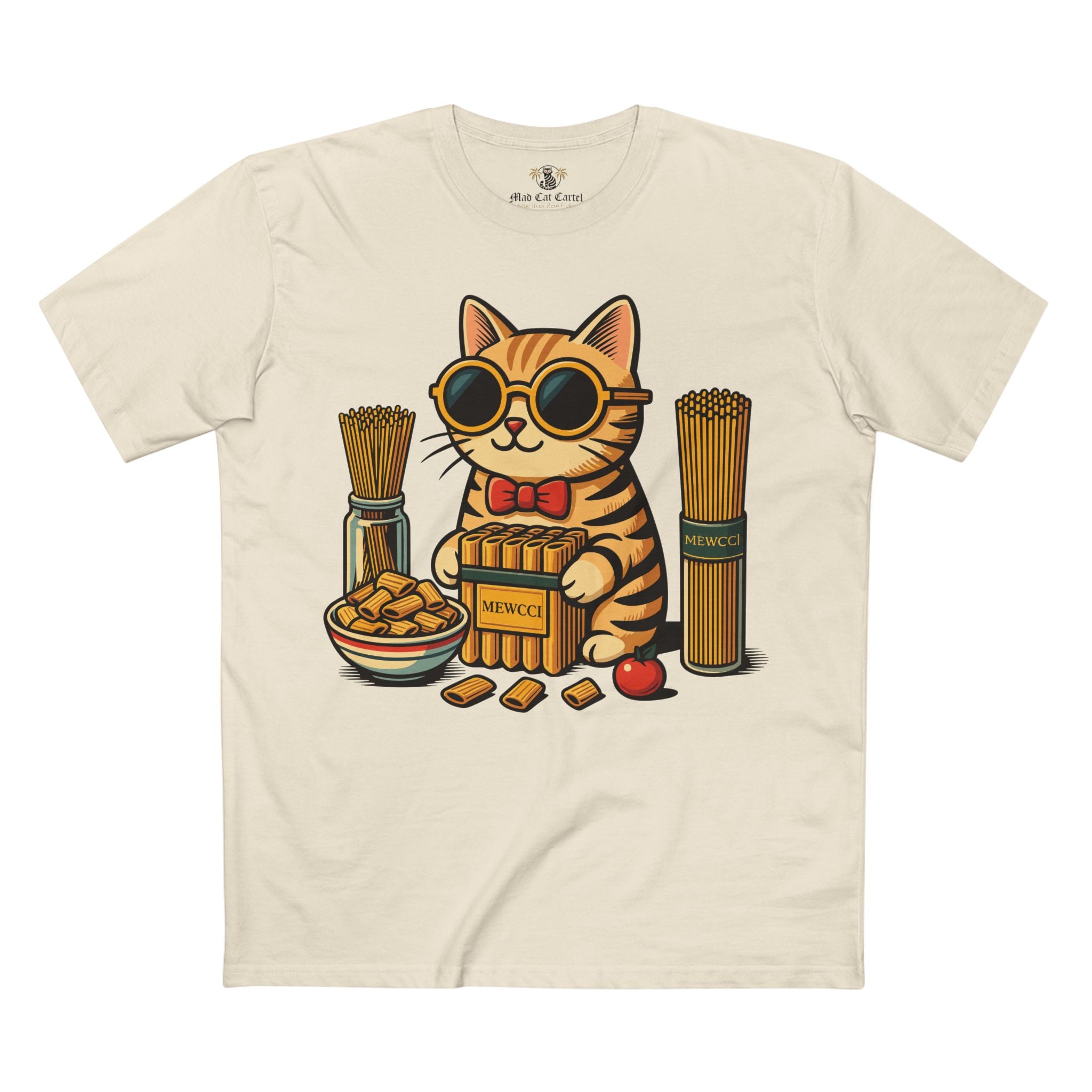 Mewcci Pasta Chef Cat Graphic T Shirt in Natural – funny cat cooking shirt for cat lovers