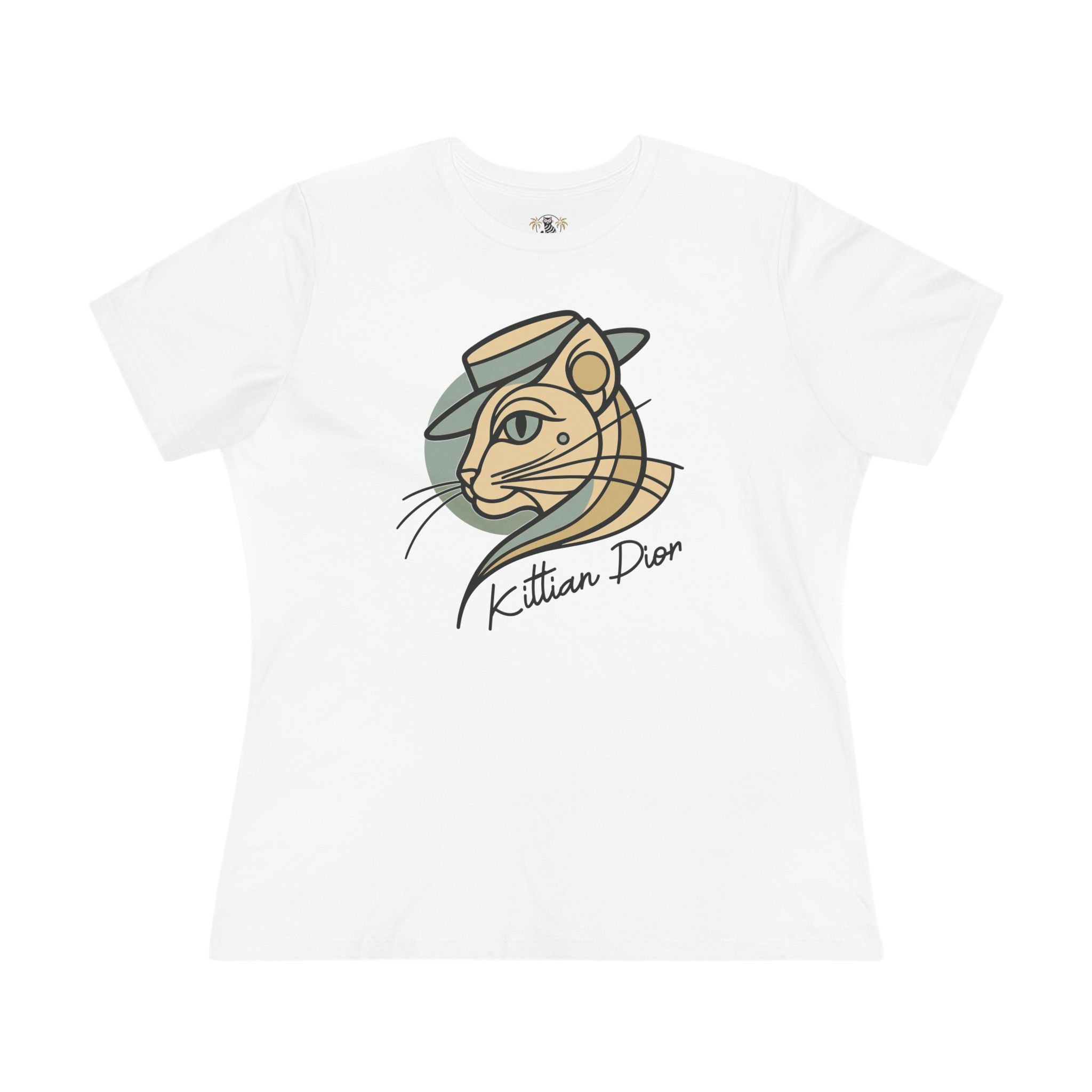 Kittian Dior Art Deco Cat Graphic Women's T Shirt for cat lovers in white front flat view