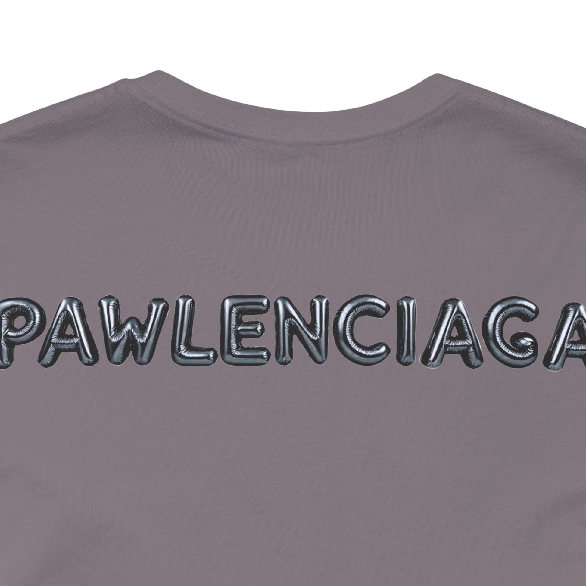 Pawlenciaga text close up on Storm Cat Balloon Graphic T Shirt back funny cat t shirts for guys