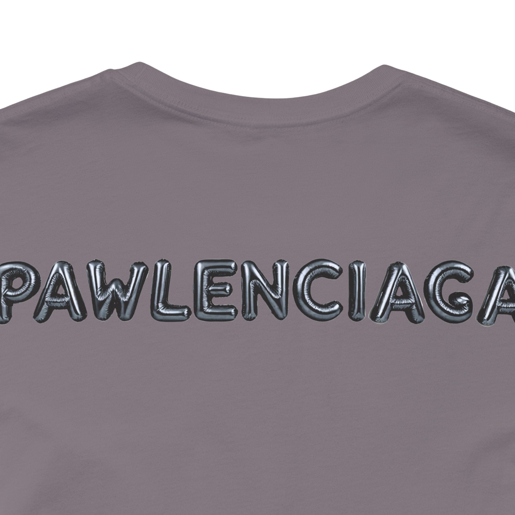 Pawlenciaga text close up on Storm Cat Balloon Graphic T Shirt back funny cat t shirts for guys