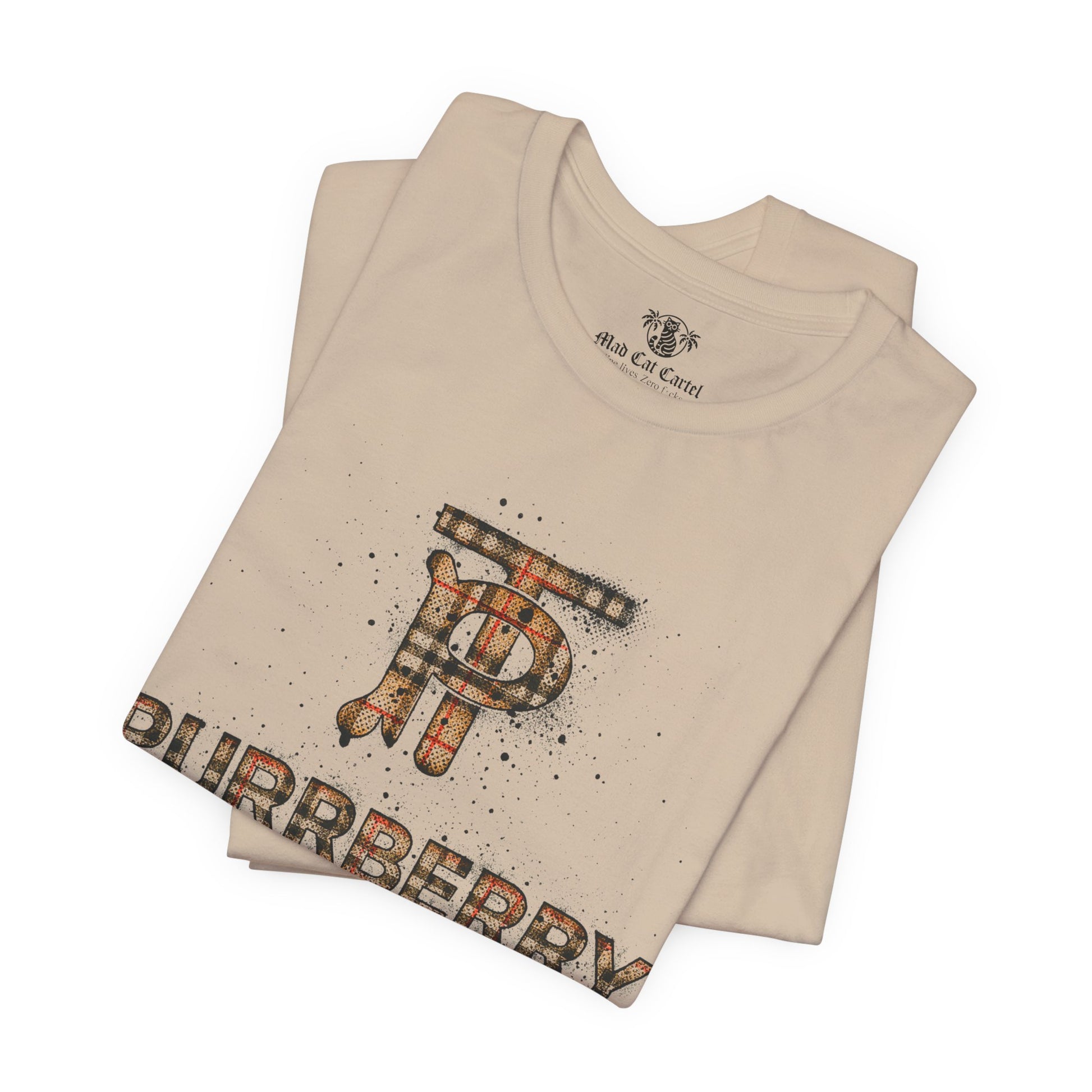 folded purrberry london heritage spray cat graphic t shirt tan cat themed apparel