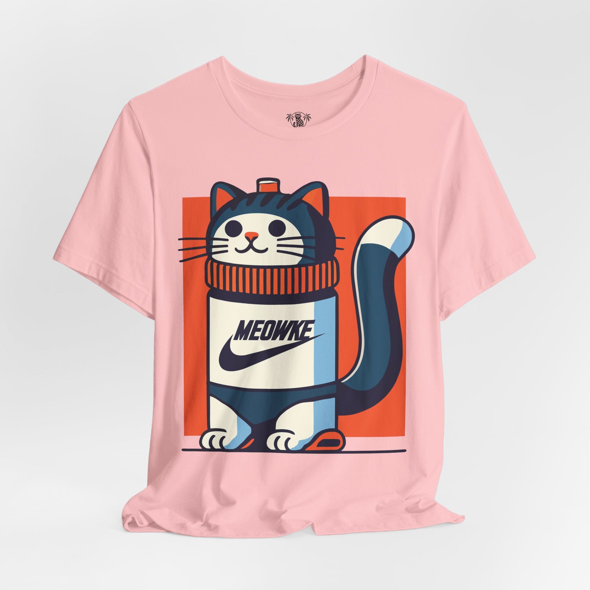 Things to get cat lovers – pink unisex tee, front view, Meowke Swoosh cartoon cat bottle print