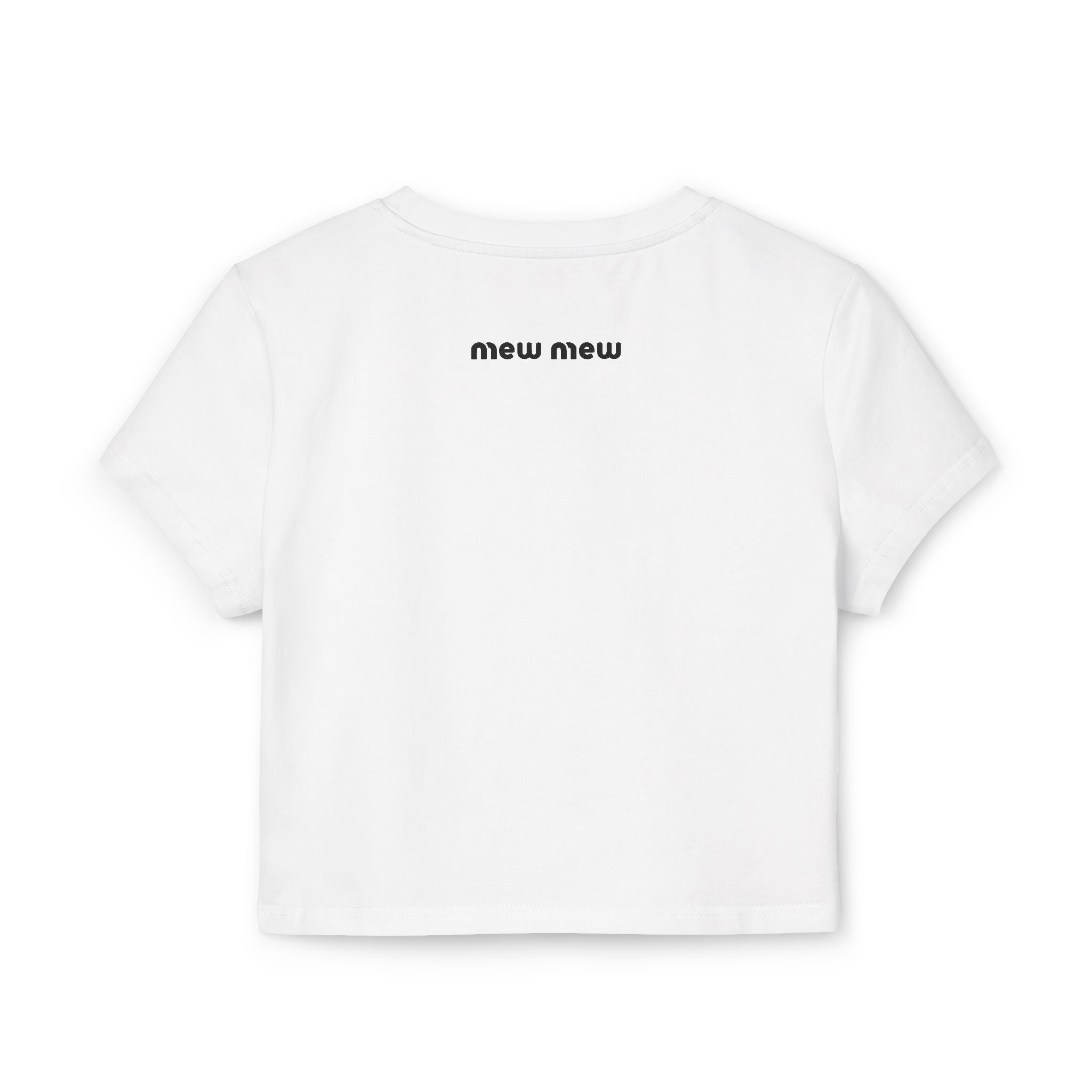 White baby tee back view with text detail