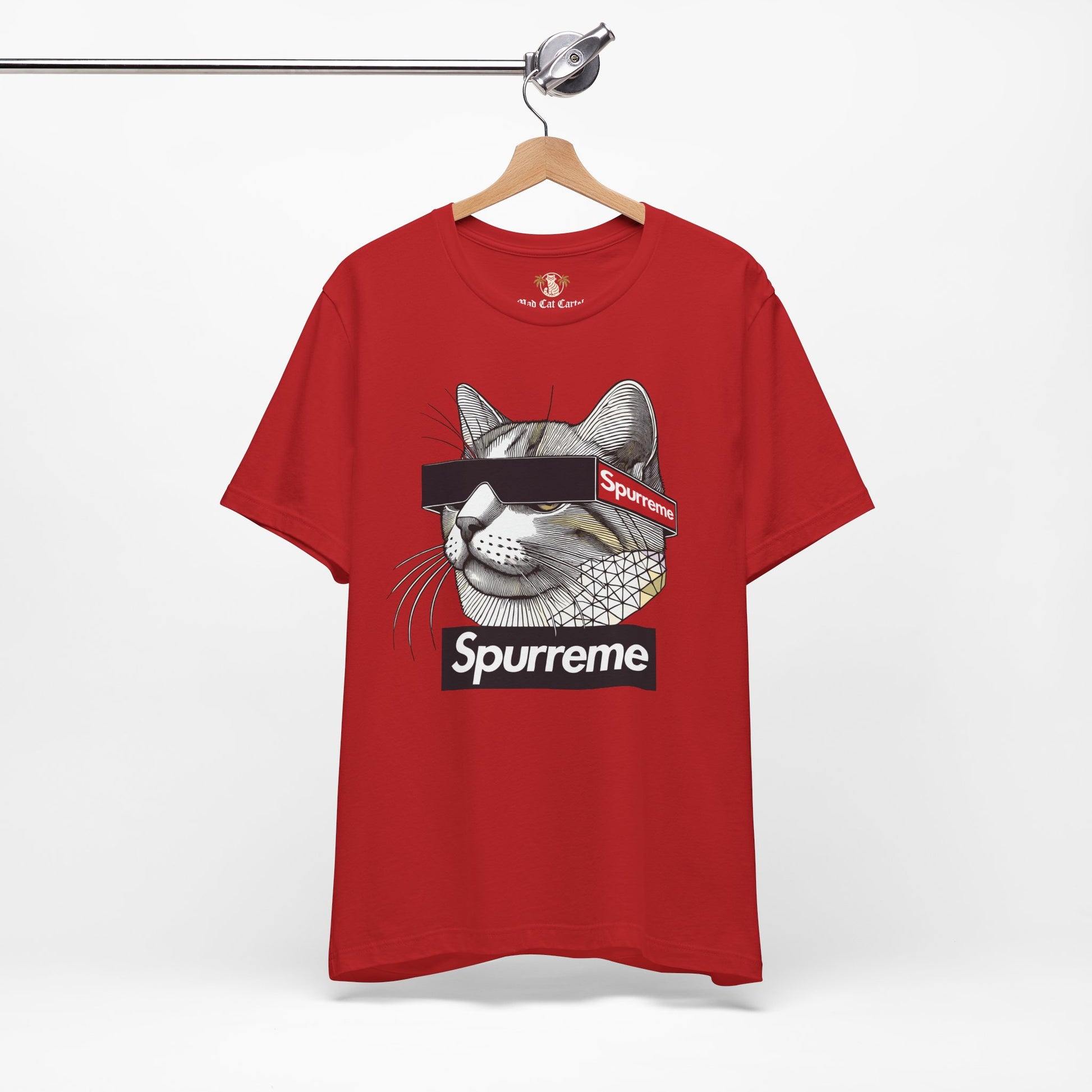Spurreme Triangular Vision Cat Graphic T Shirt in Red on hanger, mens cat shirts