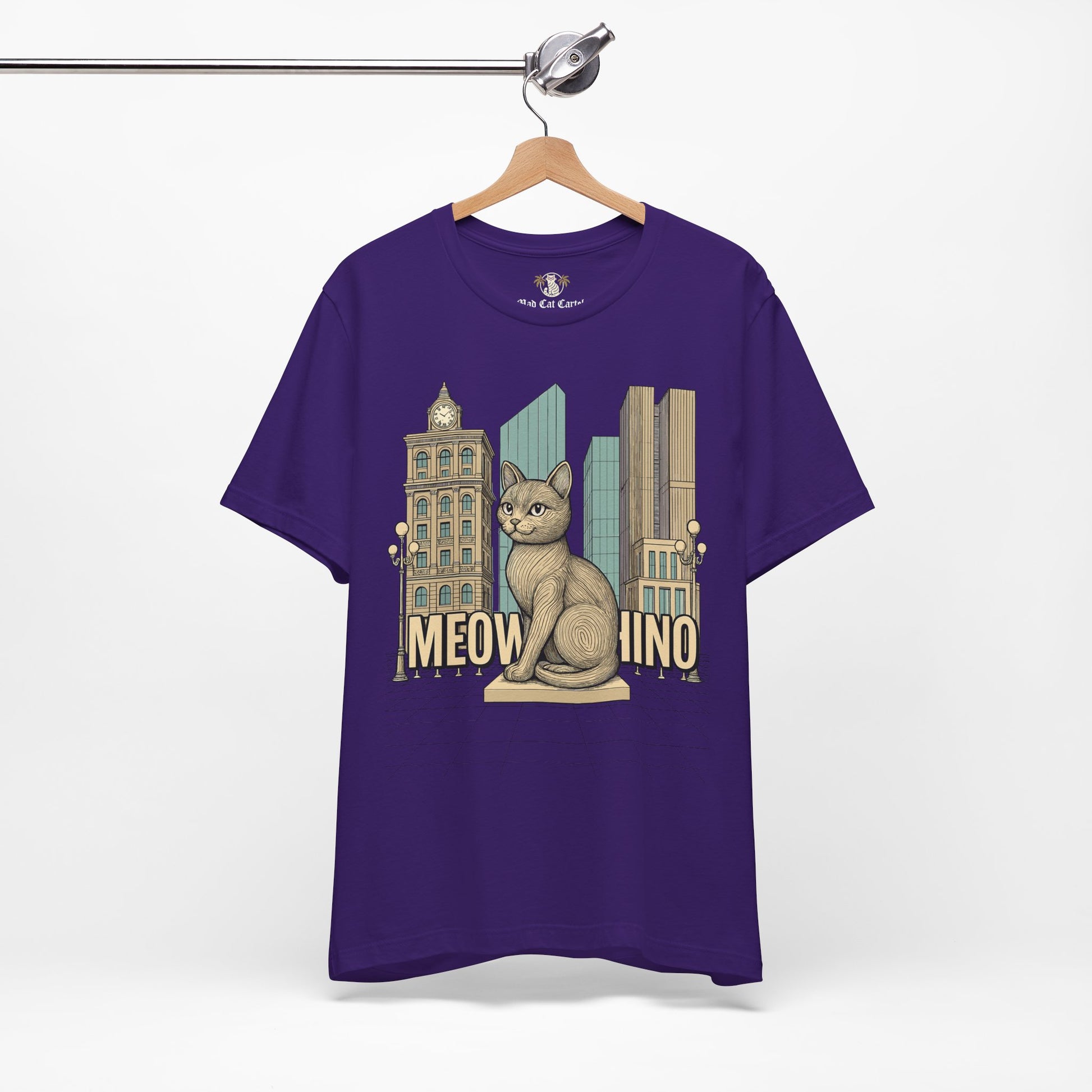 Mens cat shirts – purple unisex tee on hanger, front view, Meowschino city cat statue print