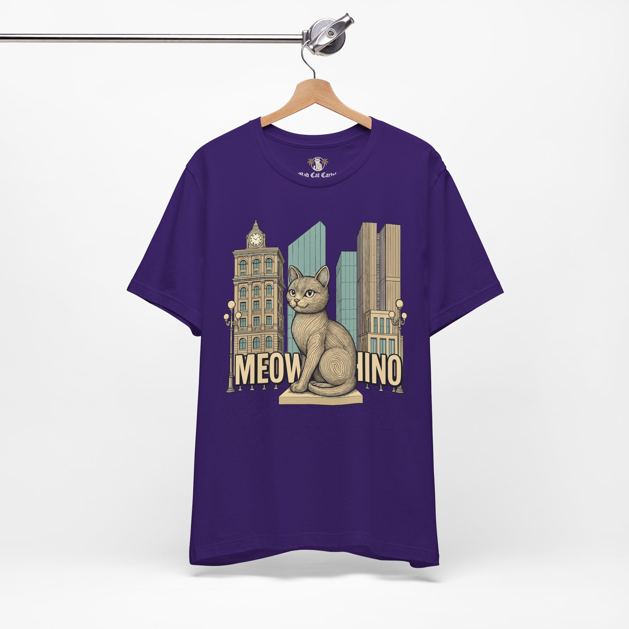 Mens cat shirts – purple unisex tee on hanger, front view, Meowschino city cat statue print