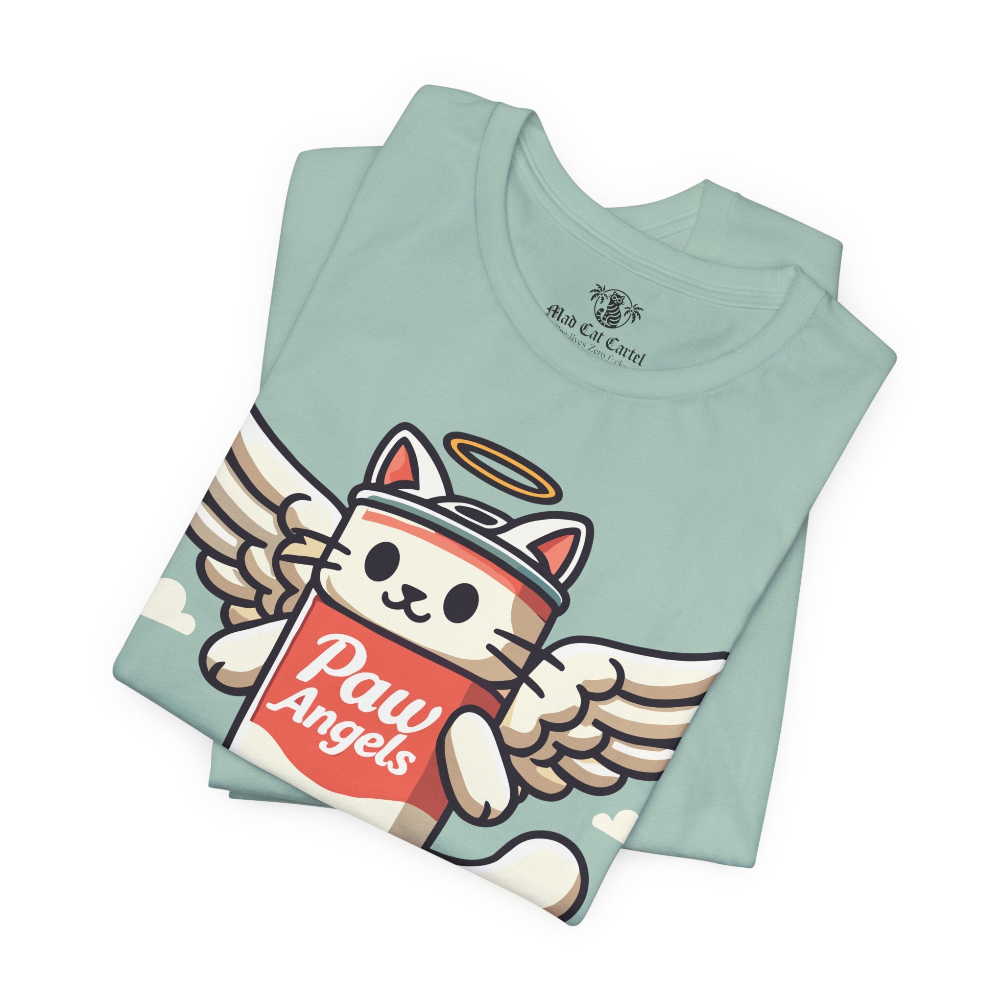 Folded Dusty Blue Paw Angels skate t shirts – funny cat lovers gifts