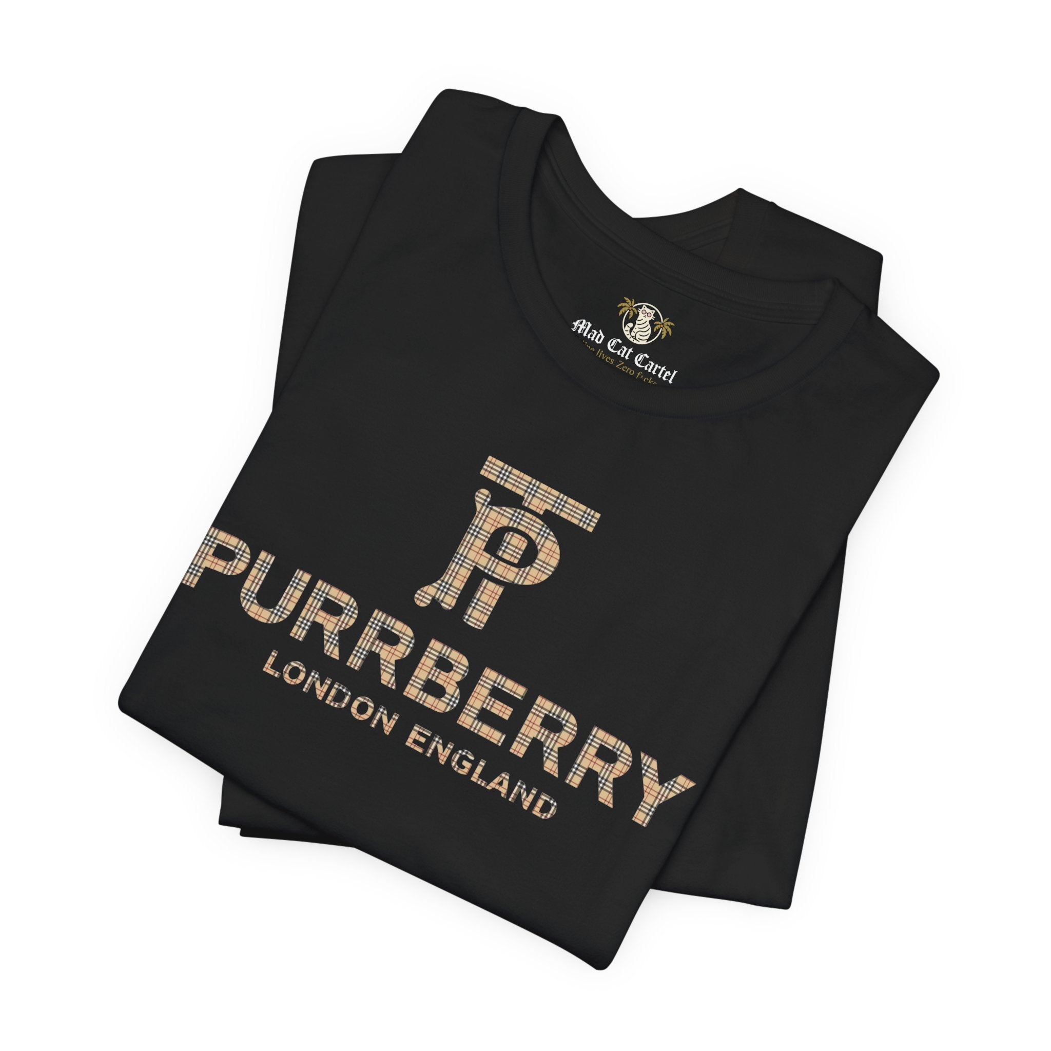Folded Black Purrberry London Coat Club Cat Graphic T-Shirt – mens cat tee