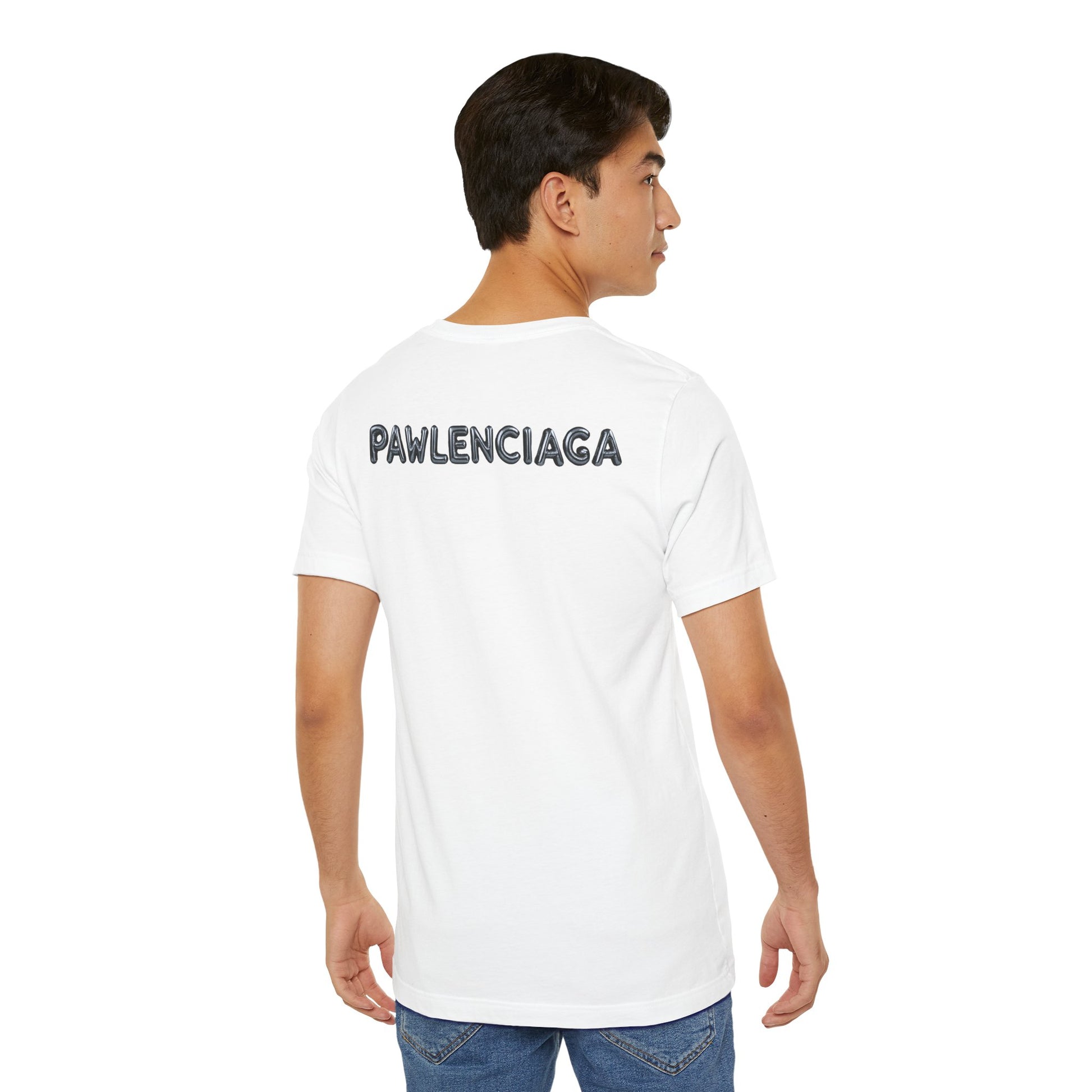 Male model back view in White Pawlenciaga Cat Balloon t shirt showing back print