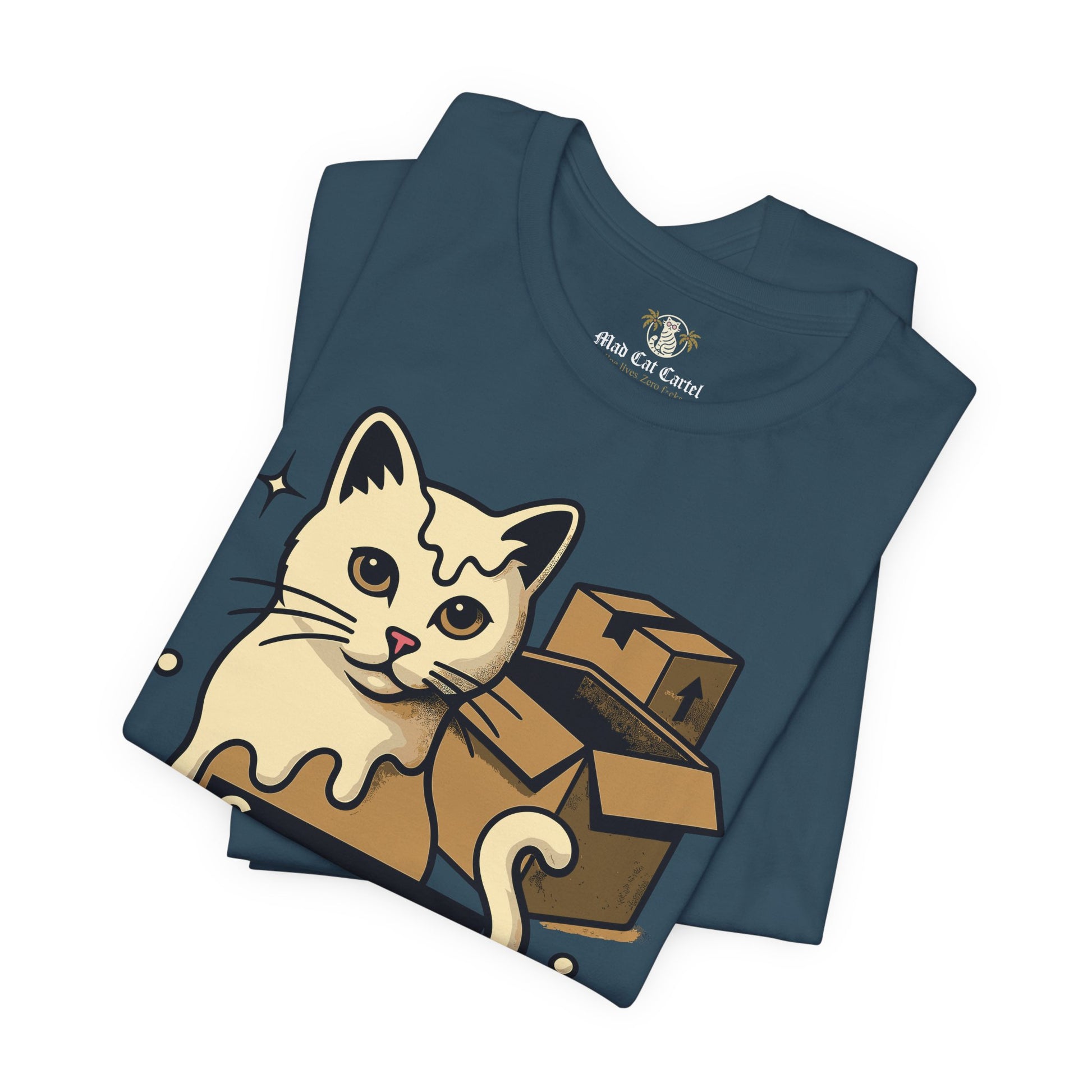 Deep teal t shirt folded front view men’s cat shirt