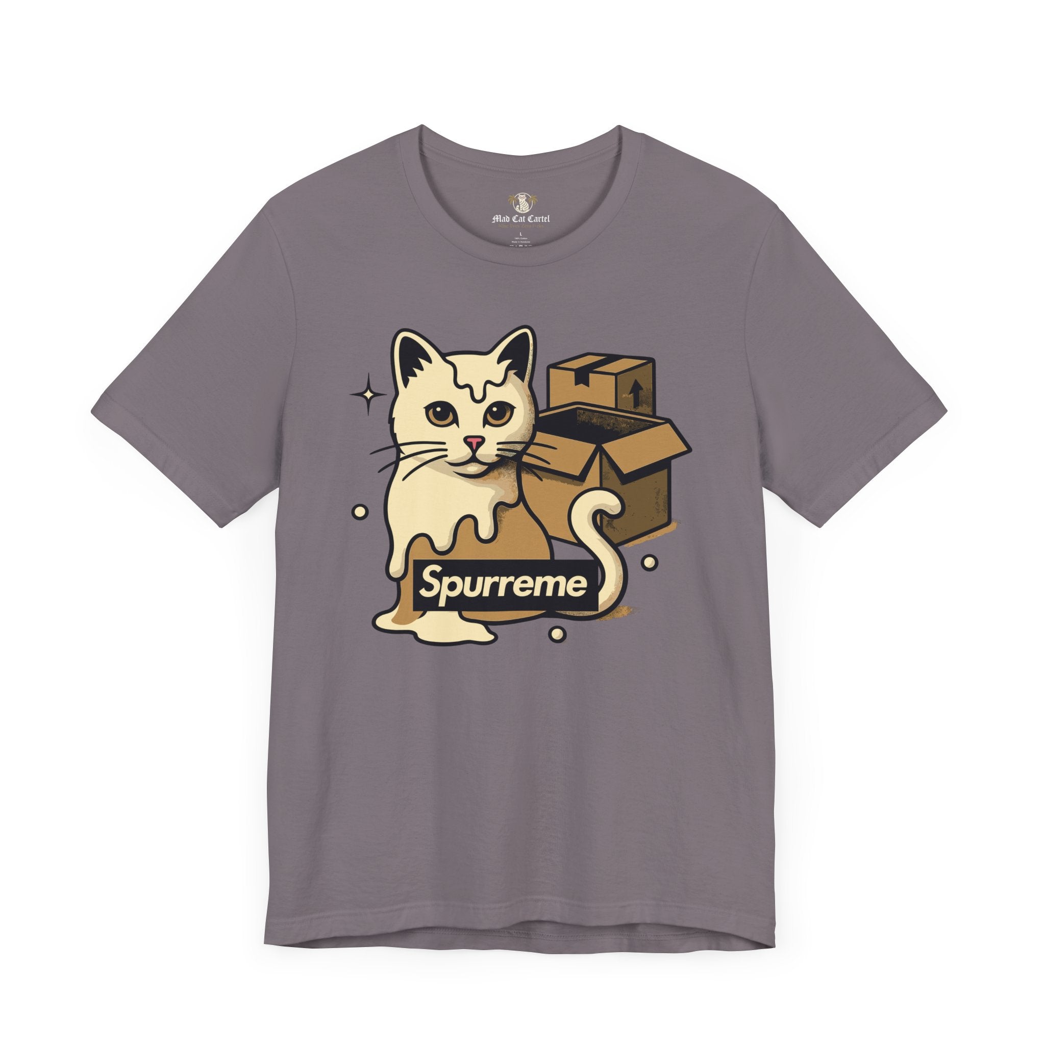 Storm grey t shirt folded Spurreme Box Addict Cat Graphic