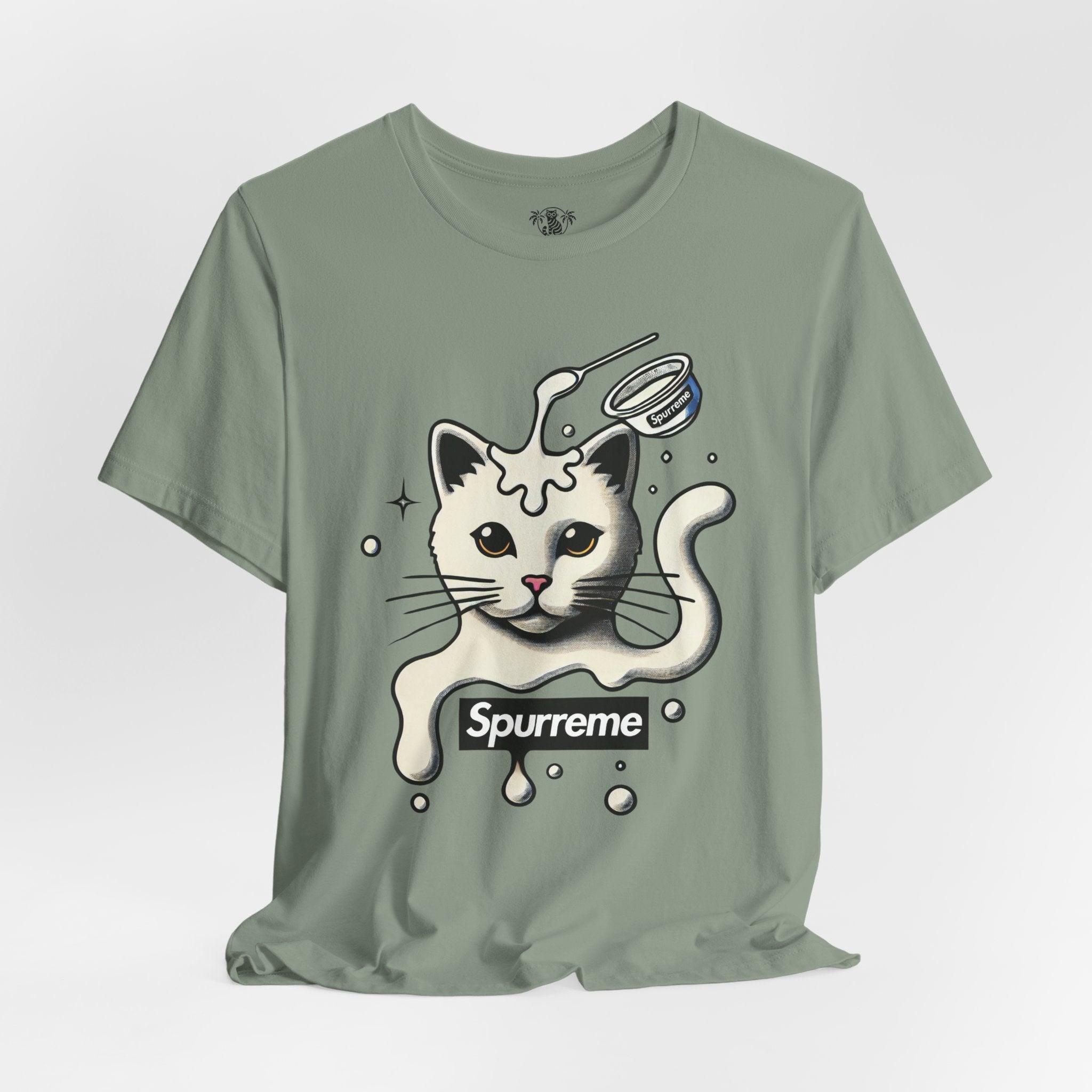 Sage Spurreme Milky Mischief Cat Graphic t shirt flat lay – cat themed apparel