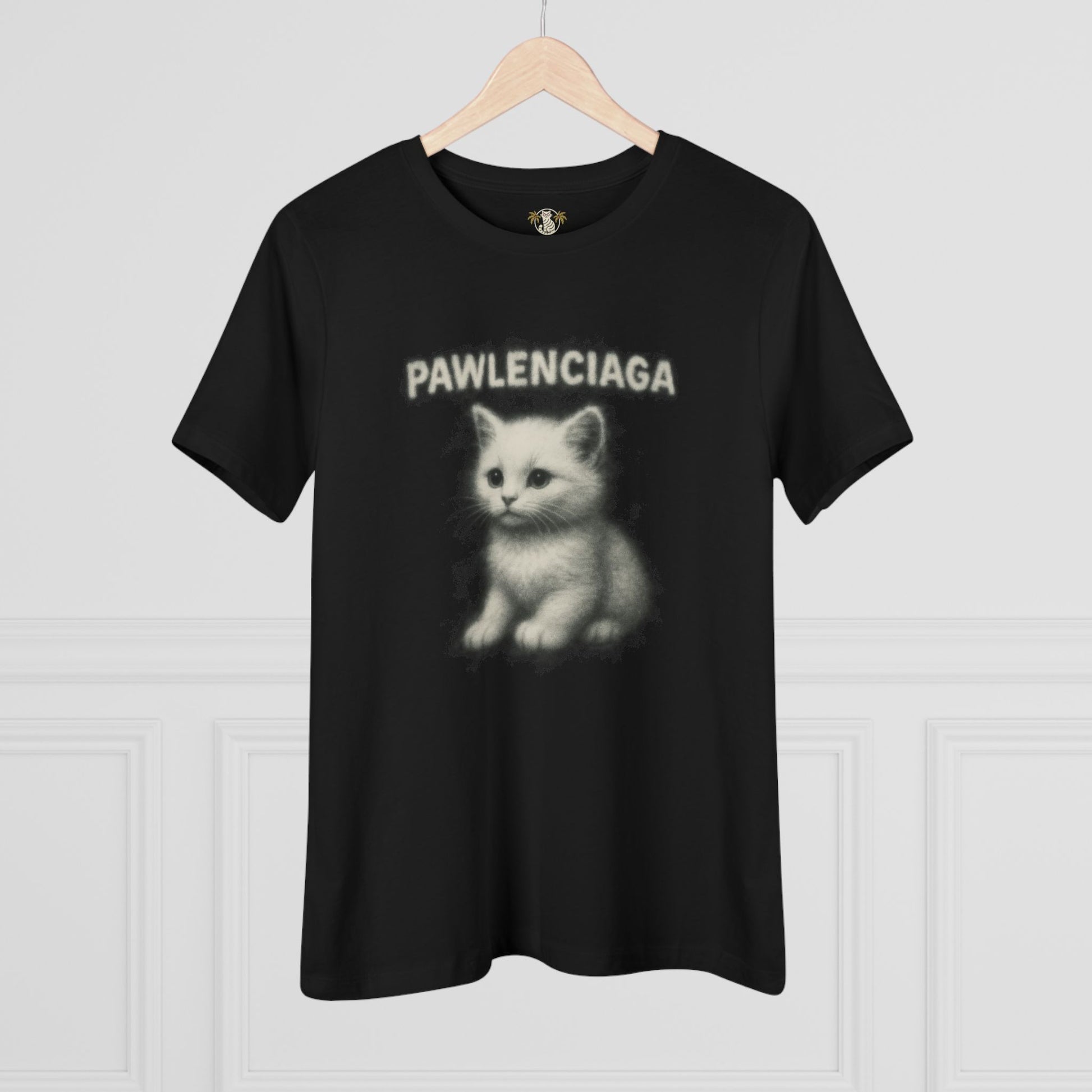 Pawlenciaga womens black kitty graphic t shirt, hanging product view, casual cat lover shirt