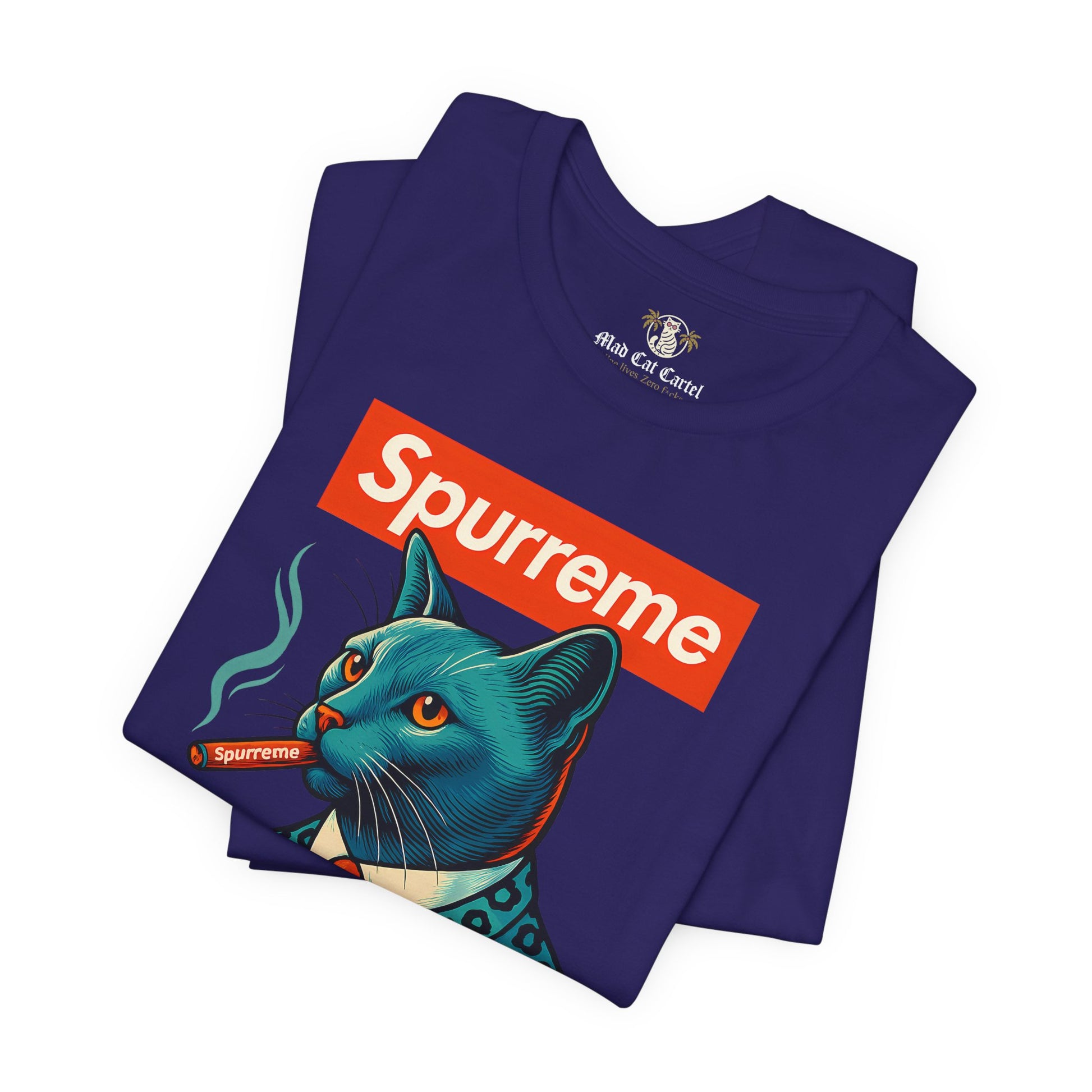 Purple Spurreme Ambassador Cat Graphic t shirt folded pair – cat themed apparel