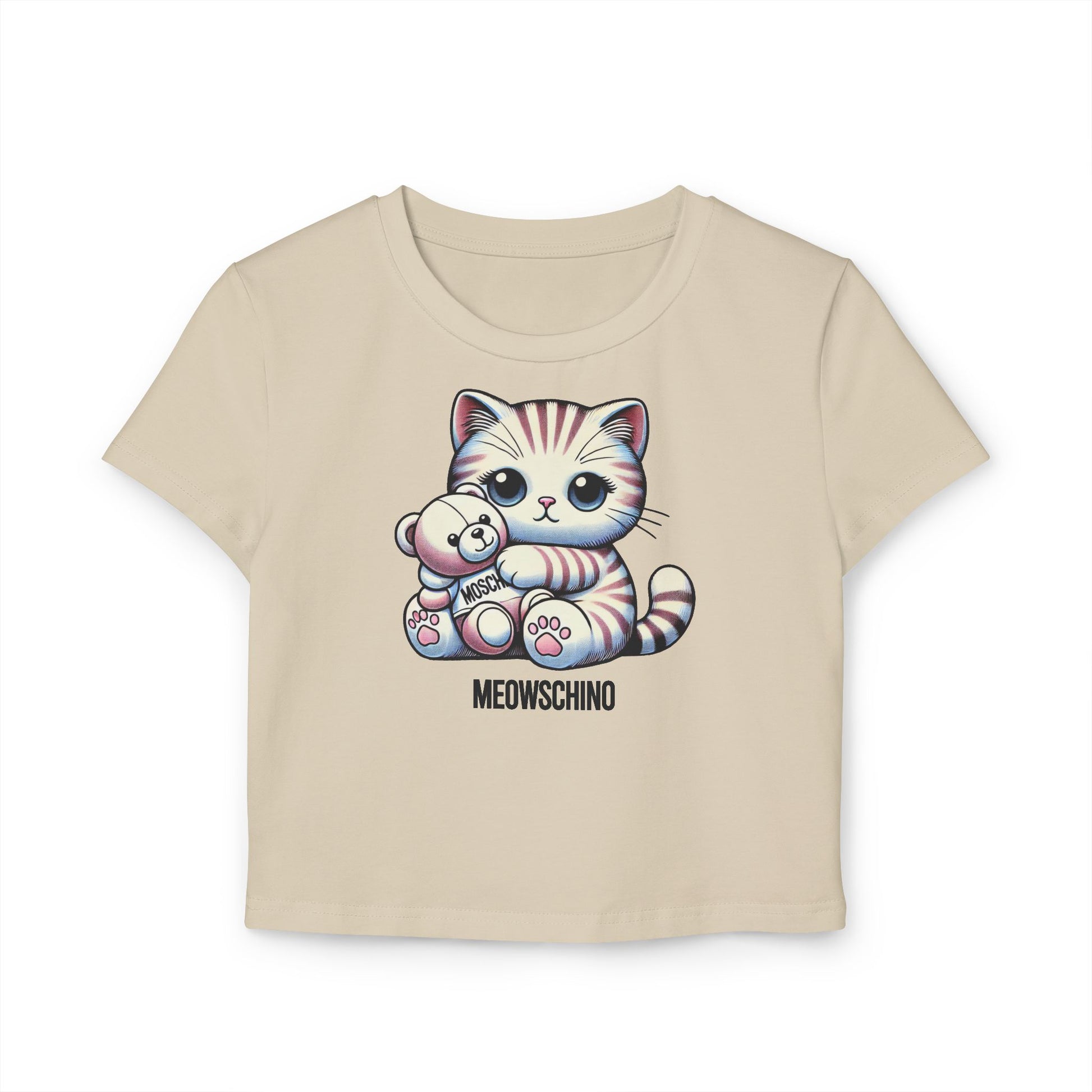 Sand baby tee front view with cat teddy bear graphic