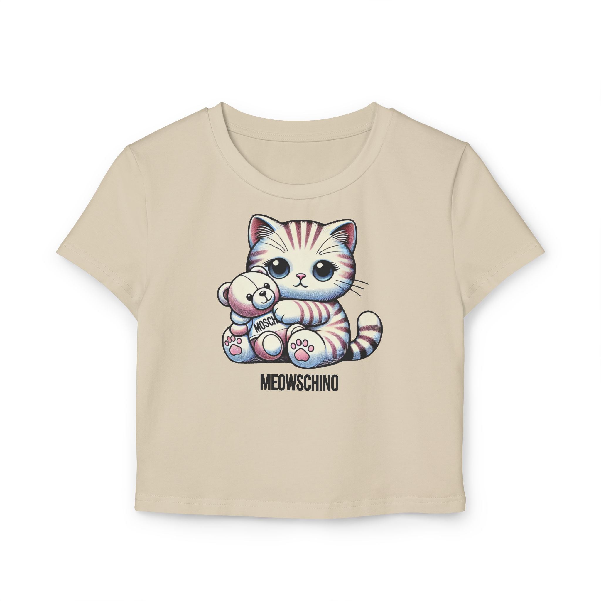 Sand baby tee front view with cat teddy bear graphic