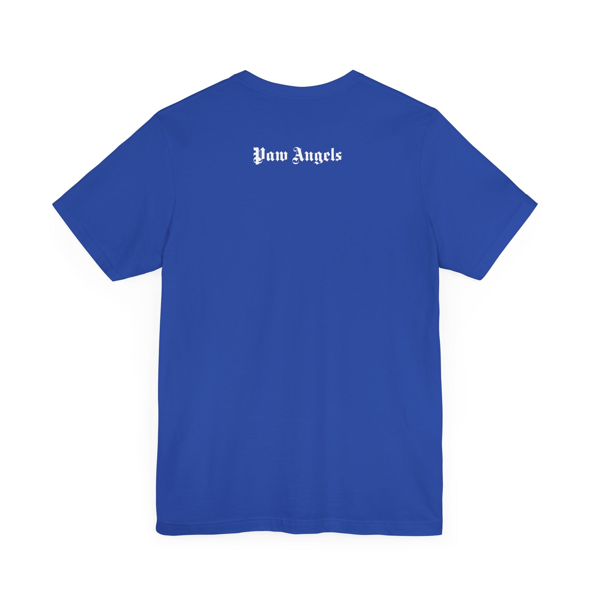 Royal Blue t shirt with “Paw Angels” back print – men’s cat shirt