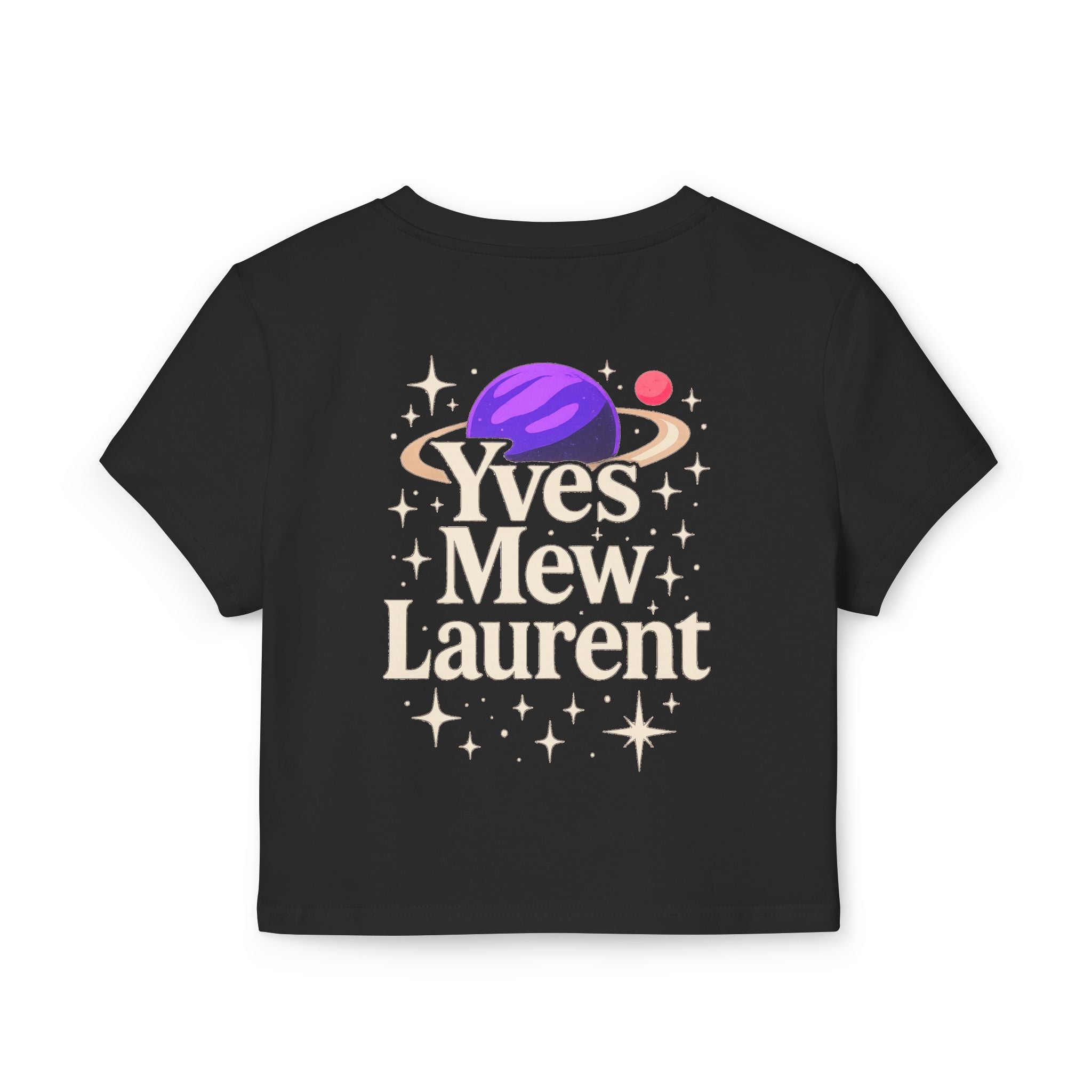 back view, Yves Mew Laurent logo print, black baby tee with space theme stars
