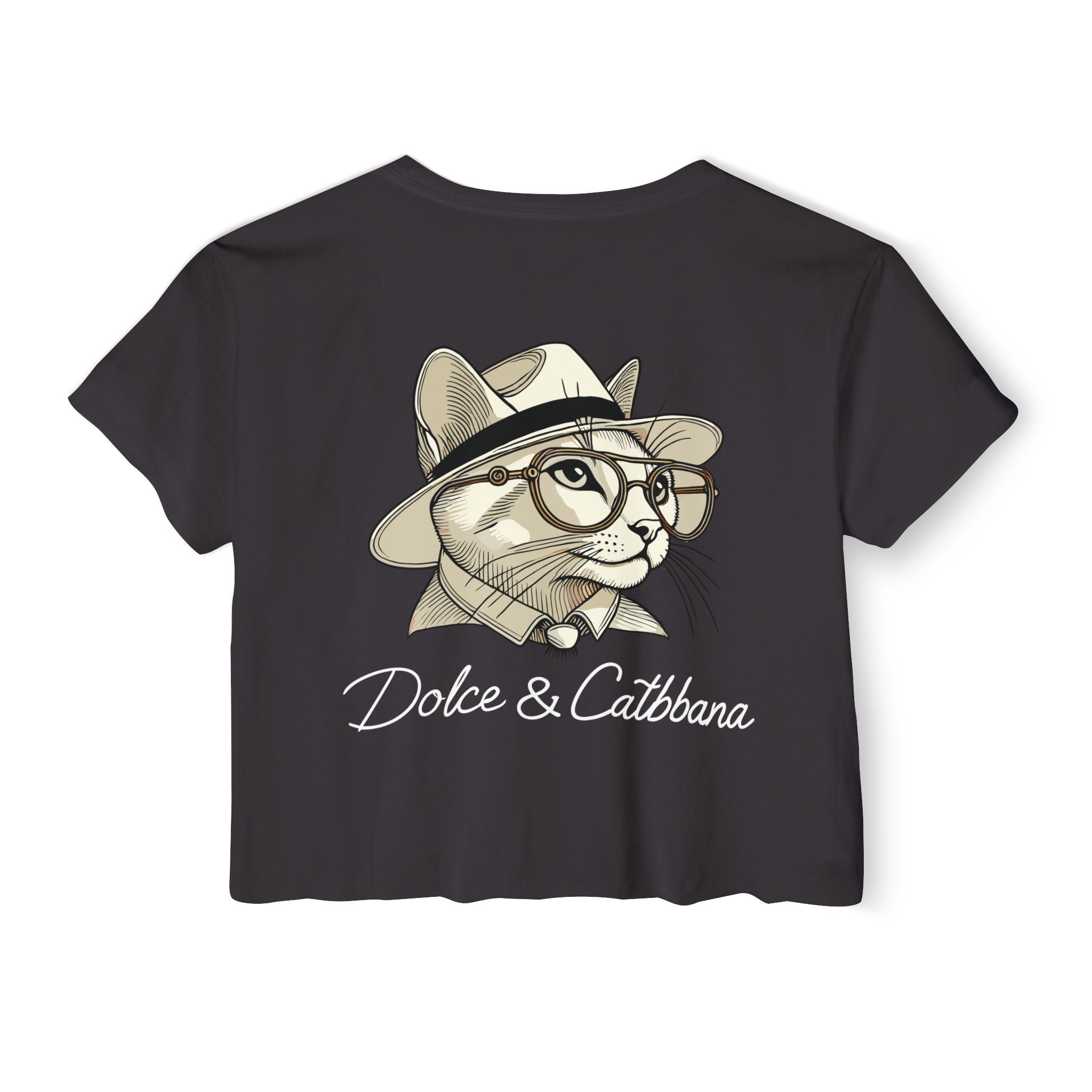 Black crop top women’s style back graphic fedora cat print tee